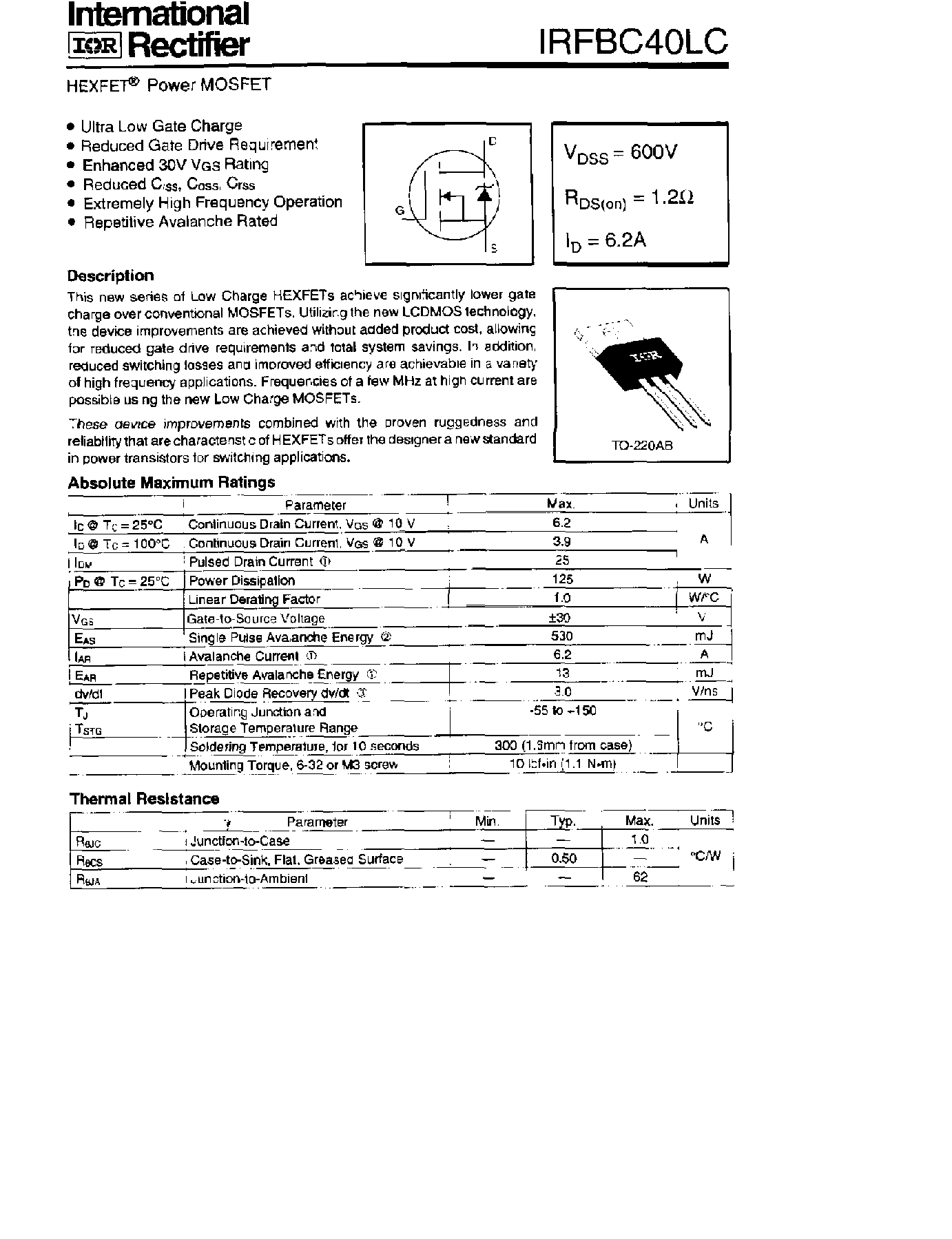 Datasheet IRFBC40LC - POWER MOSFET page 1