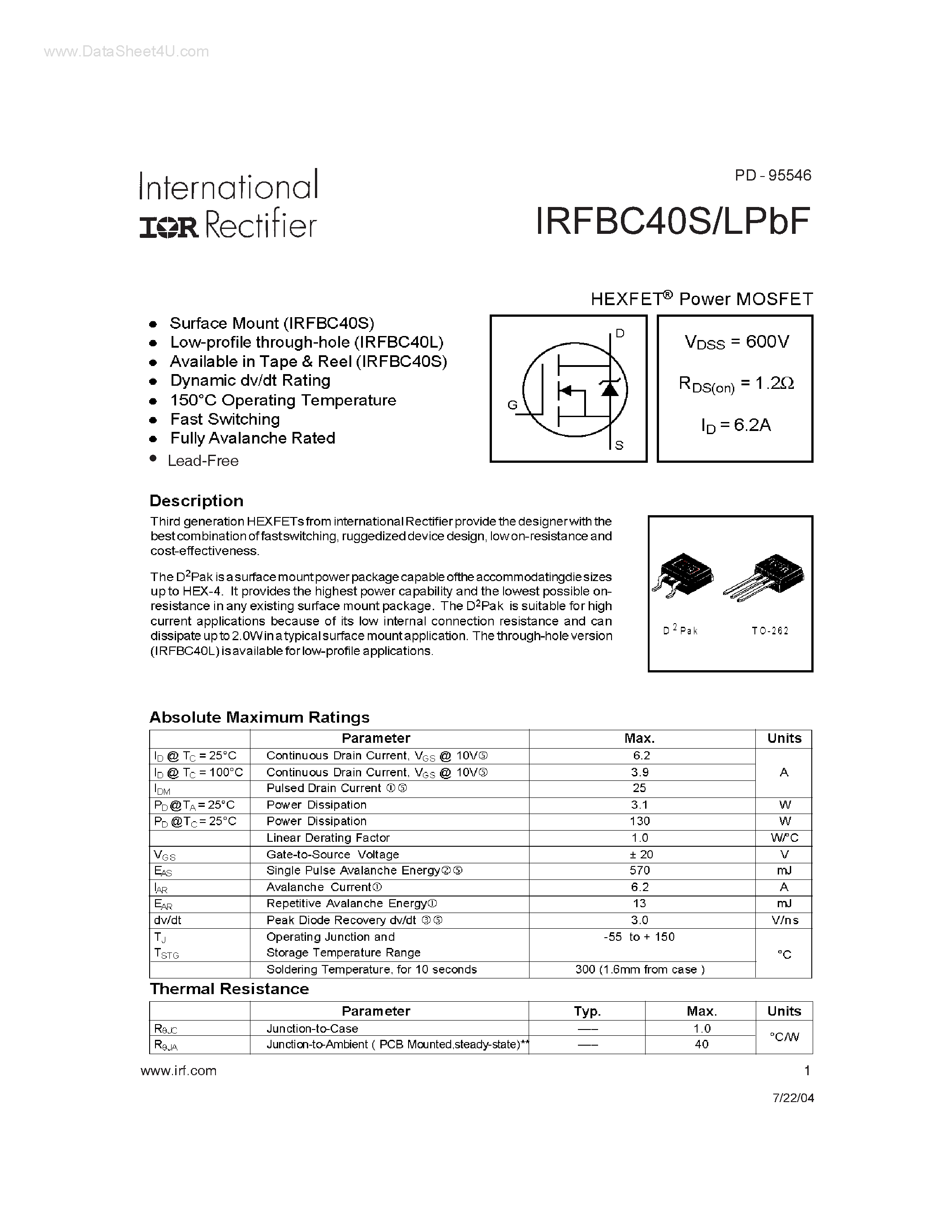 Datasheet IRFBC40LPBF - Power MOSFET page 1