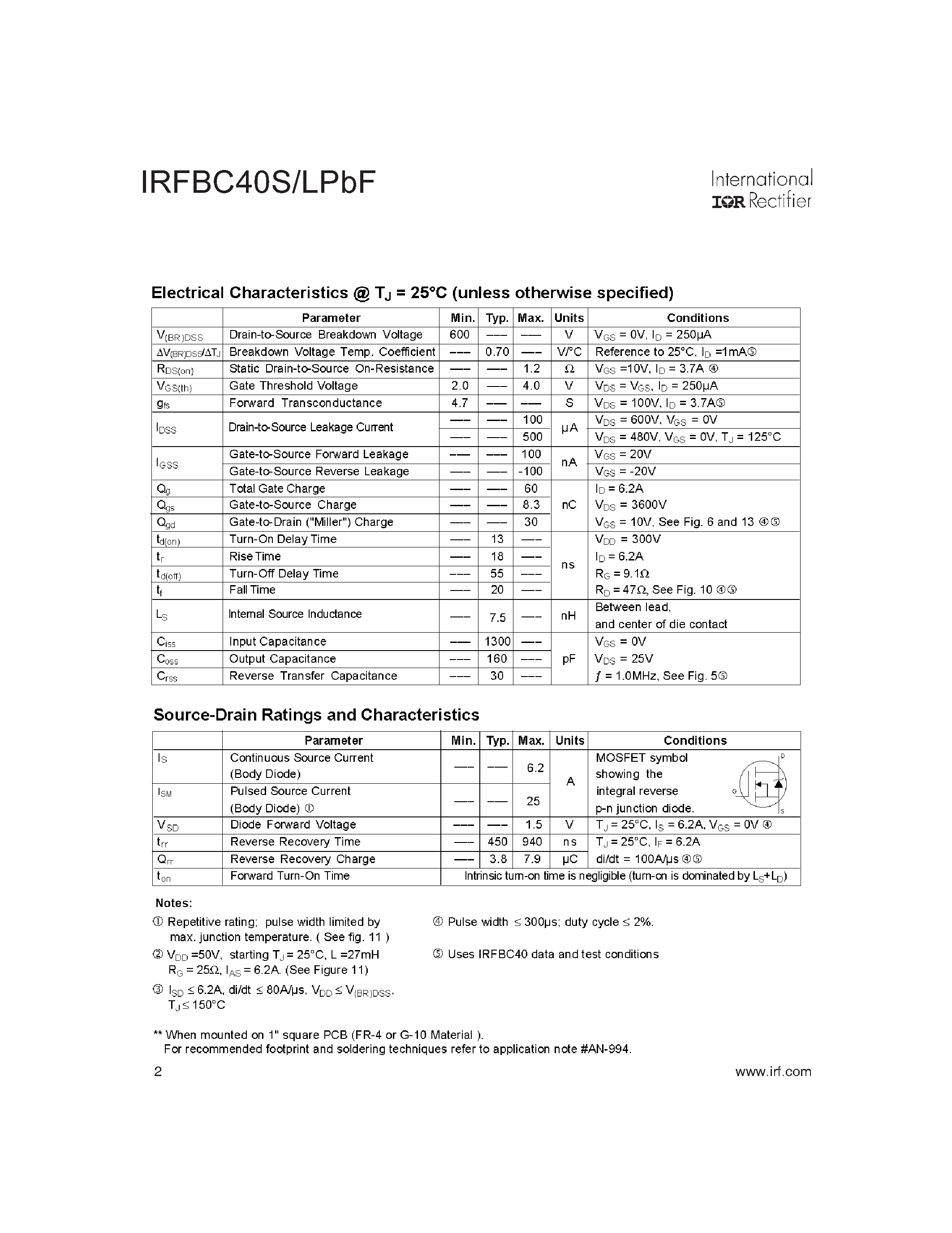Datasheet IRFBC40LPBF - Power MOSFET page 2