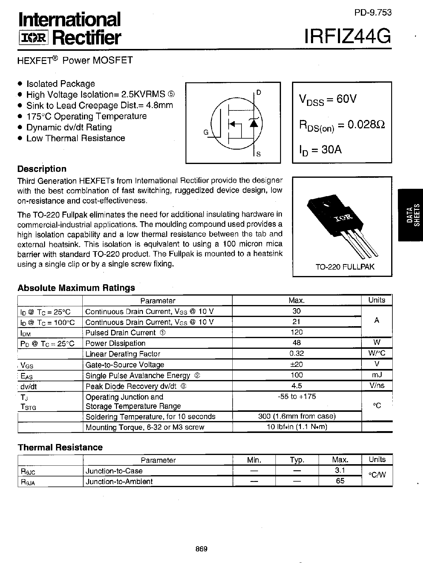 Datasheet IRFIZ44G - HEXFET POWER MOSFET page 1