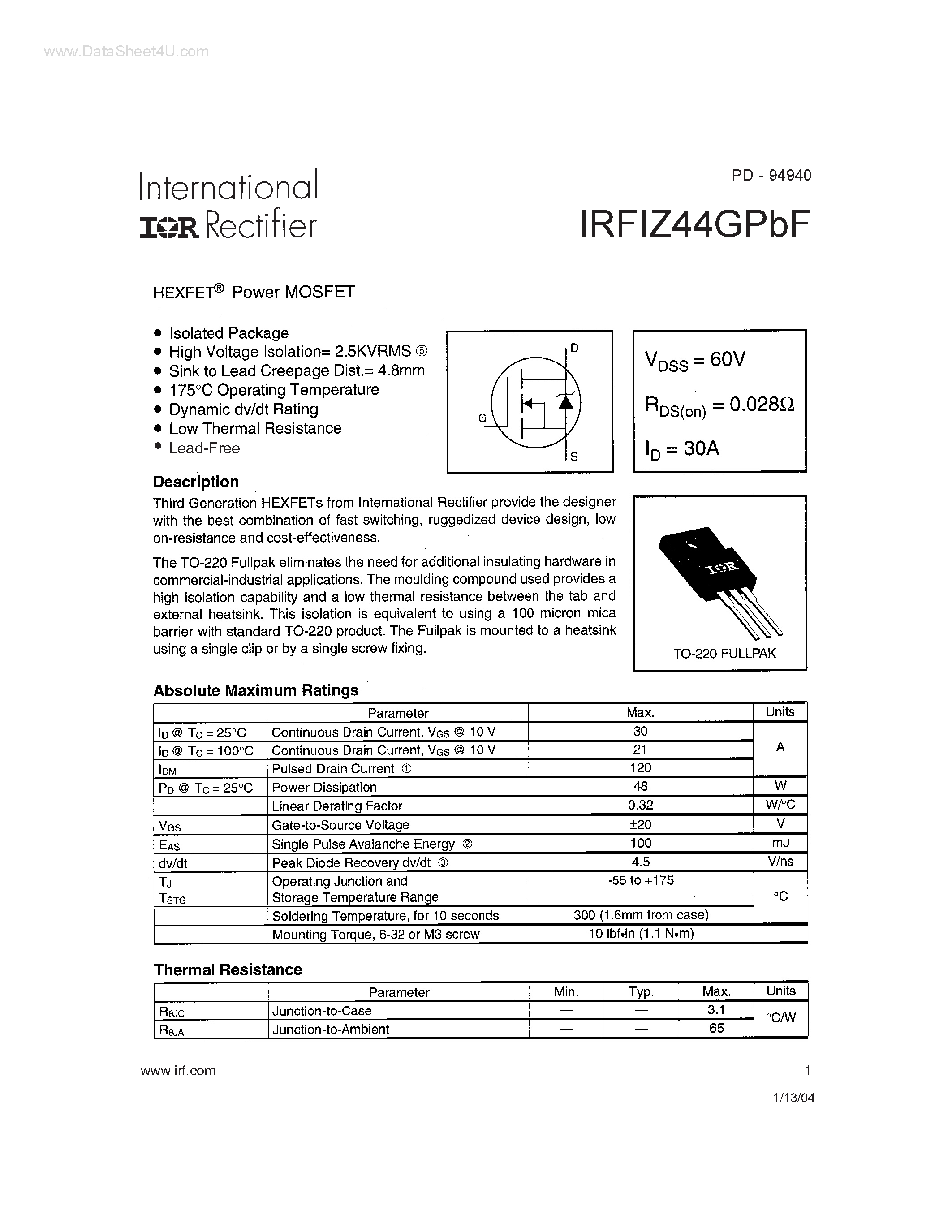 Datasheet IRFIZ44GPBF - Power MOSFET page 1
