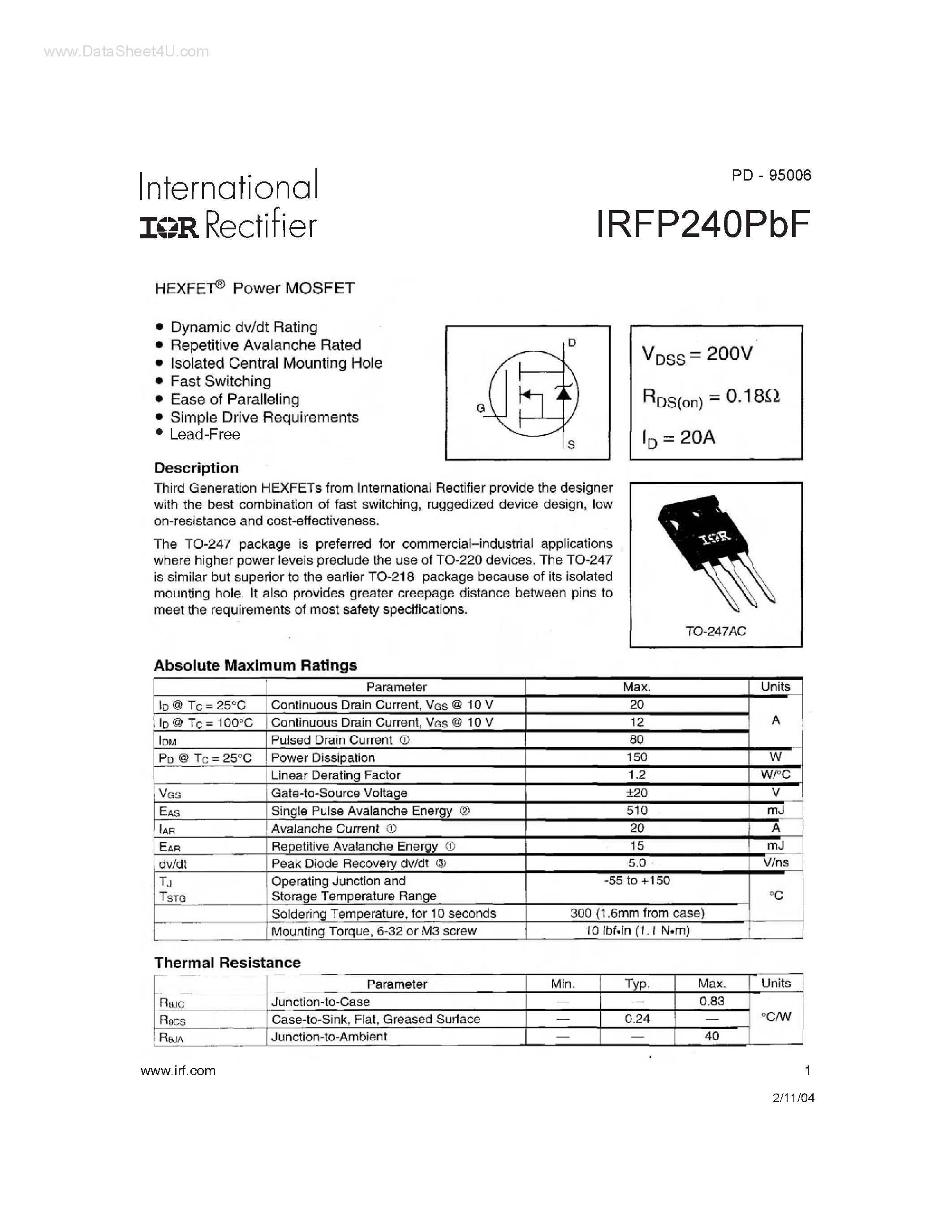 Datasheet IRFP240PBF - Power MOSFET page 1