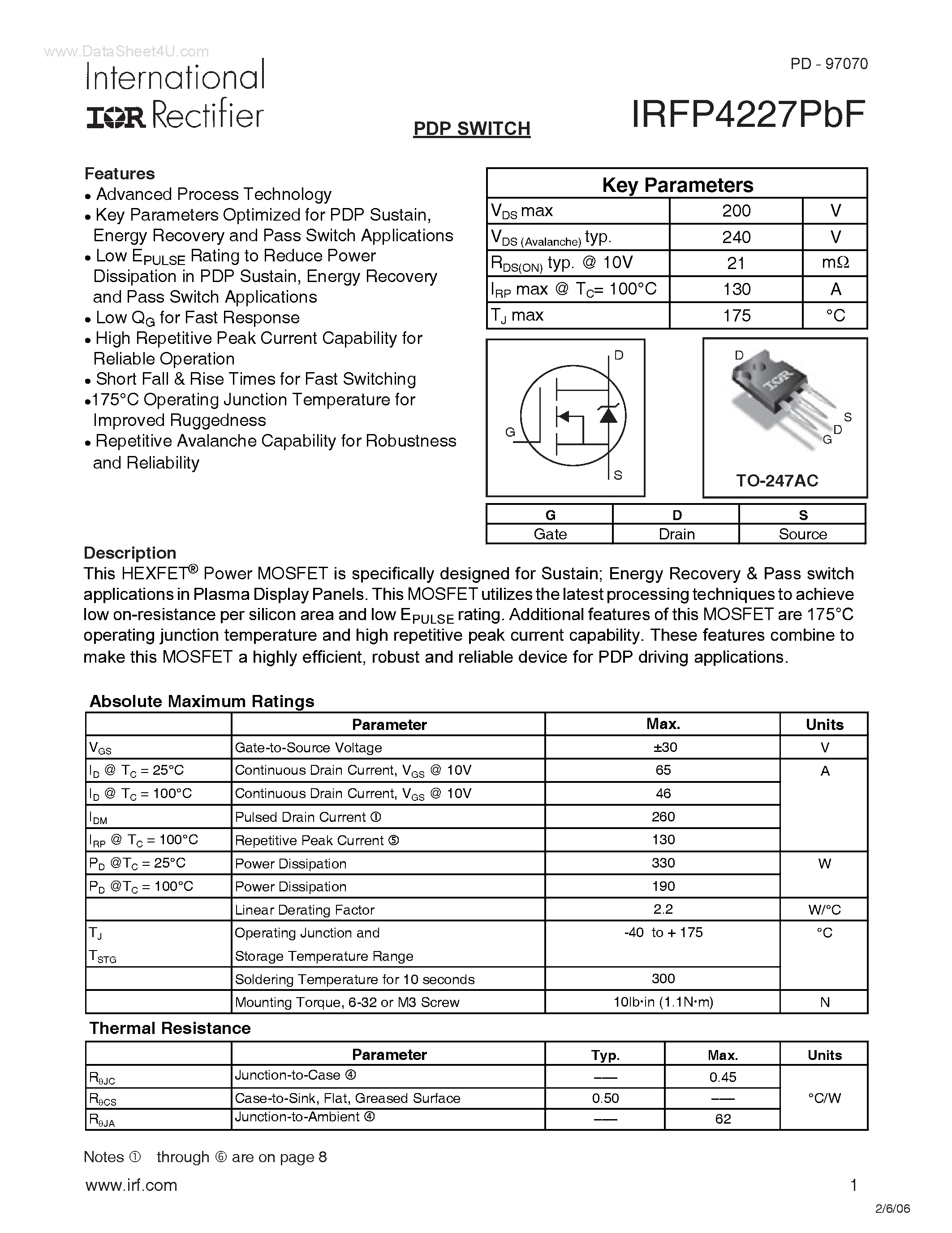 Datasheet IRFP4227PBF - PDP SWITCH page 1