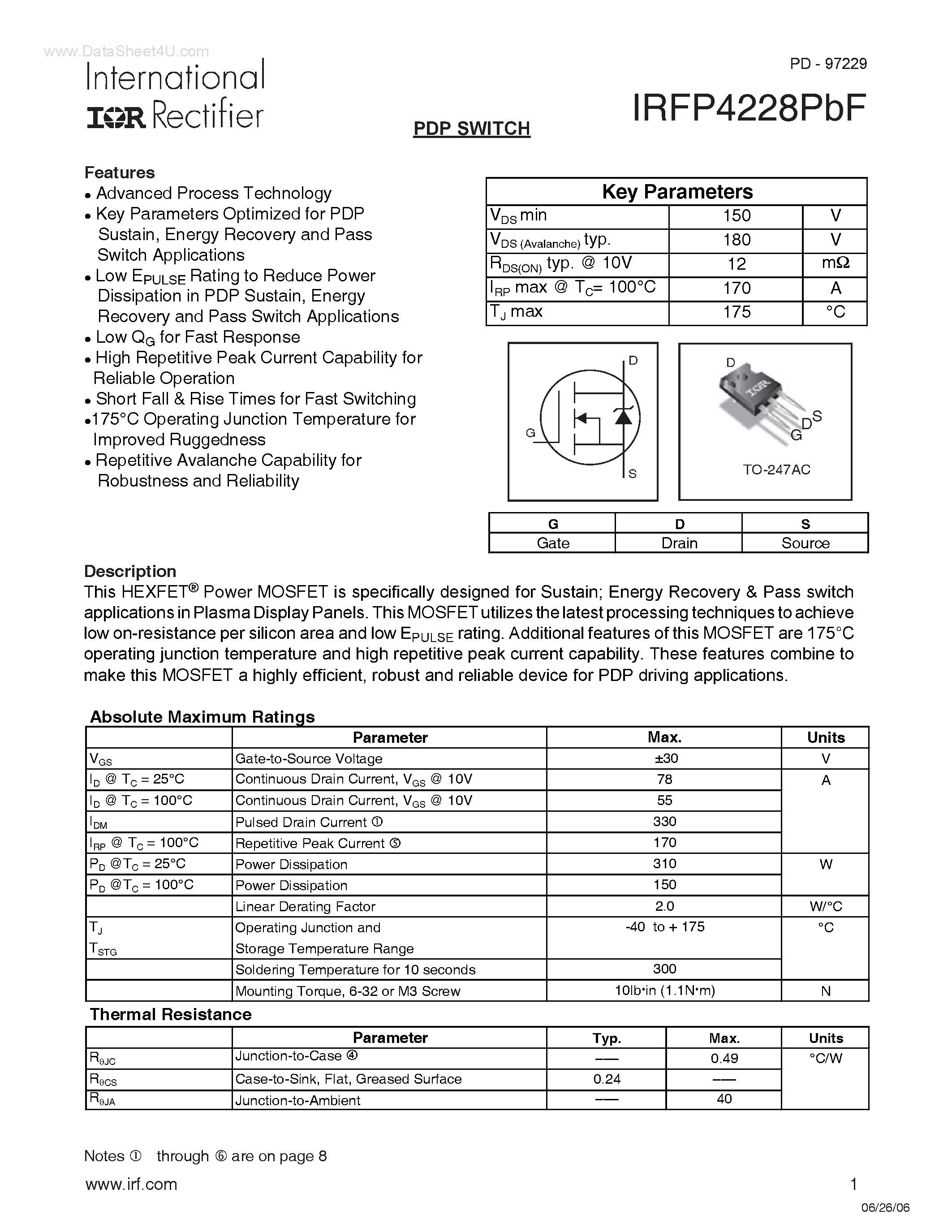 Datasheet IRFP4228PBF page 1 Datasheet IRFP4228PBF - PDP SWITCH page 1