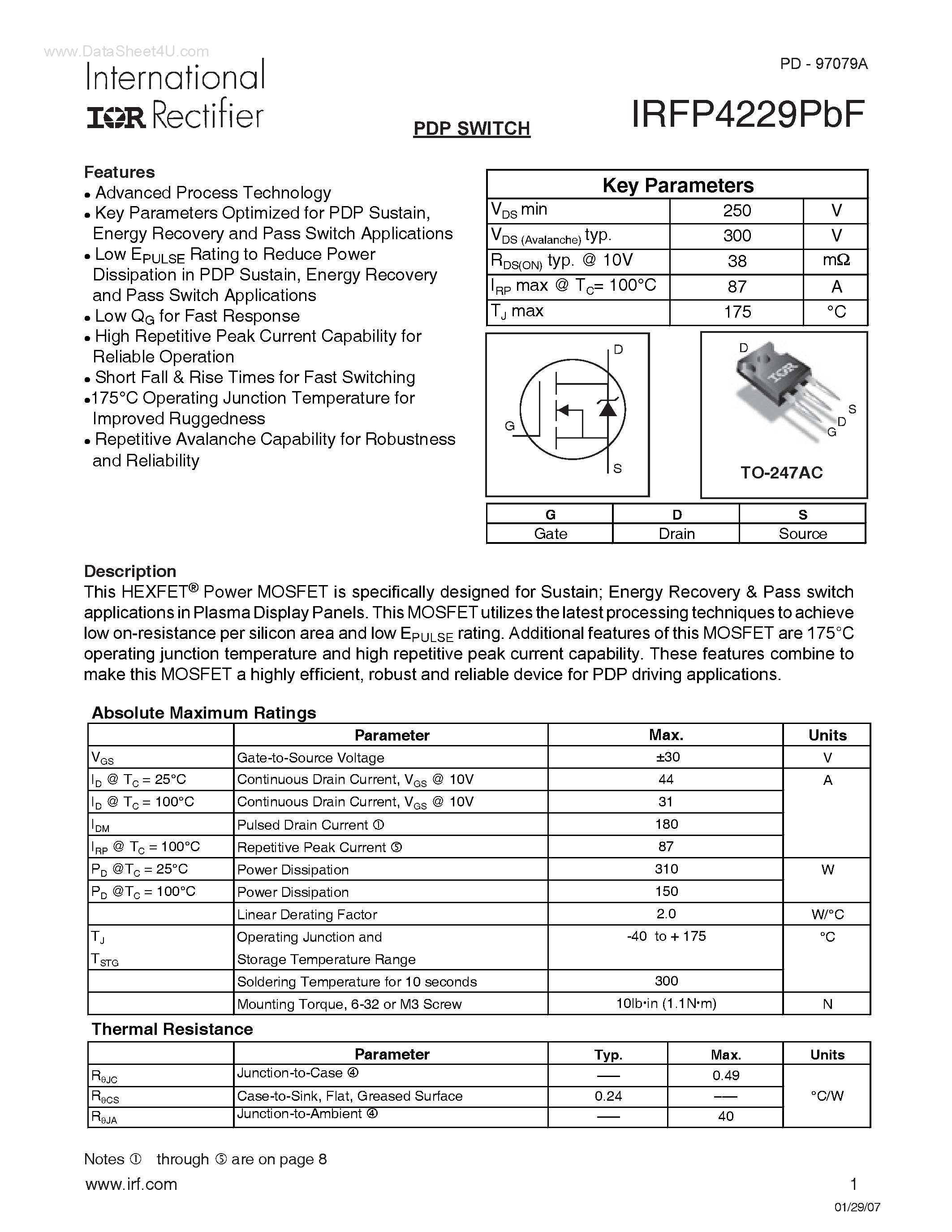 Datasheet IRFP4229PBF - PDP SWITCH page 1
