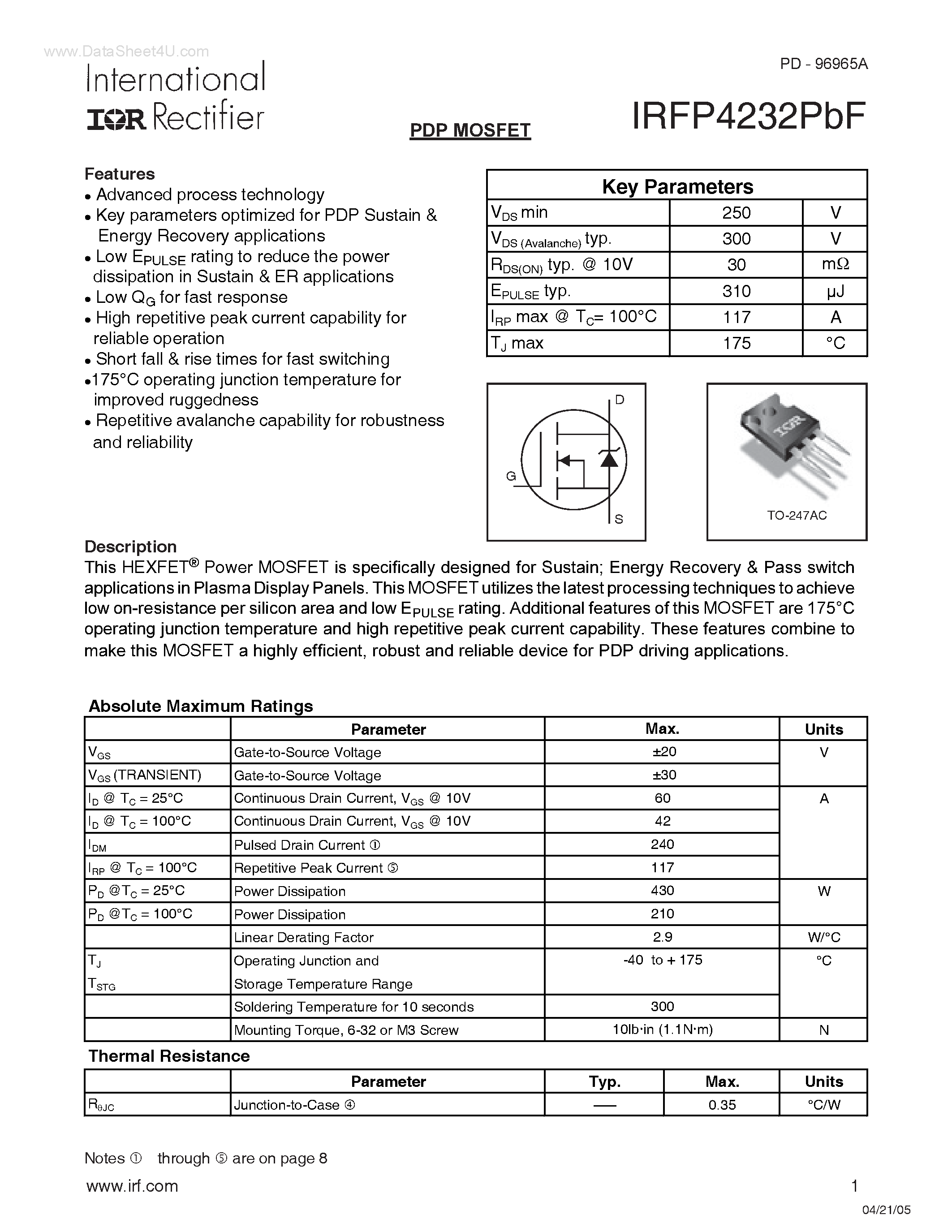 Datasheet IRFP4232PBF - PDP SWITCH page 1