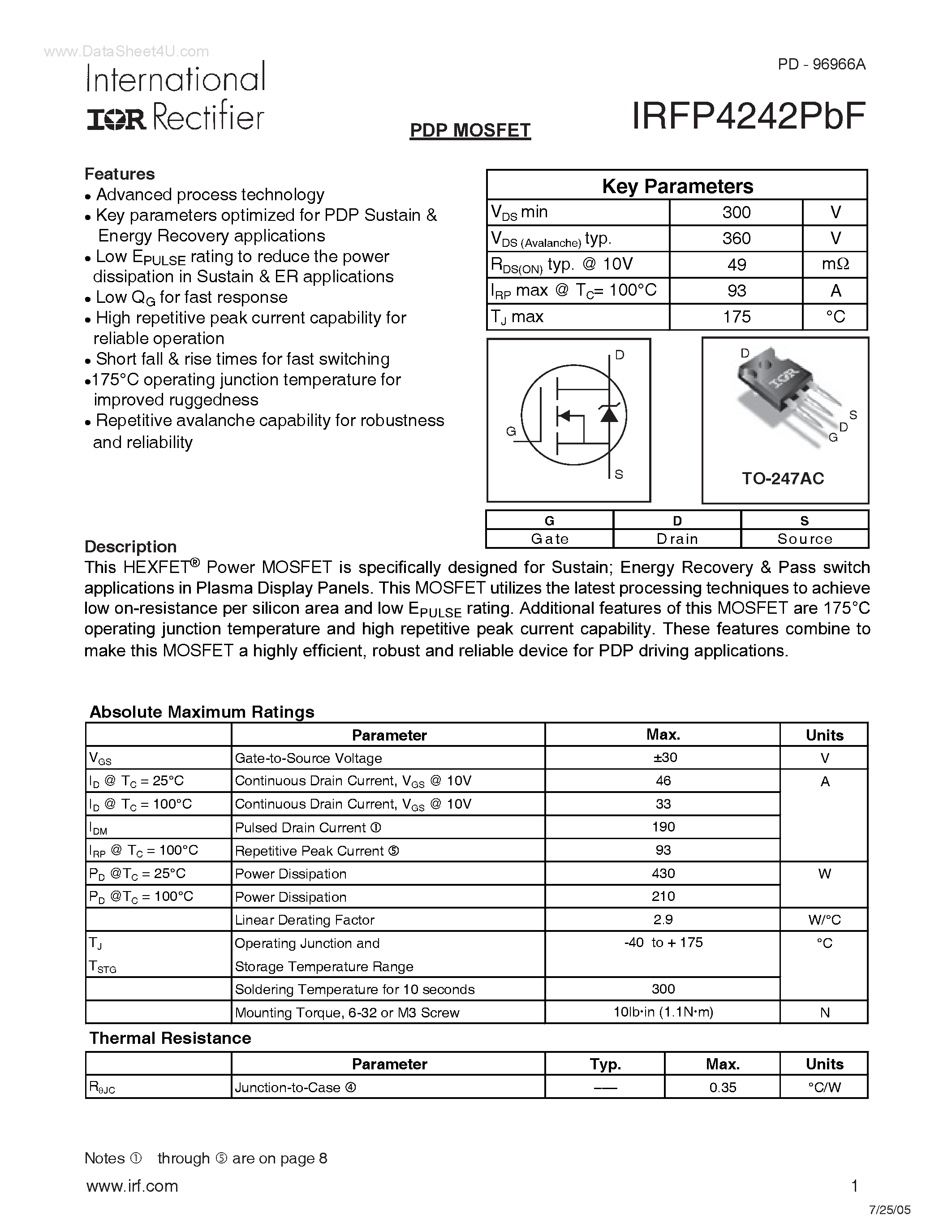 Datasheet IRFP4242PBF - PDP SWITCH page 1