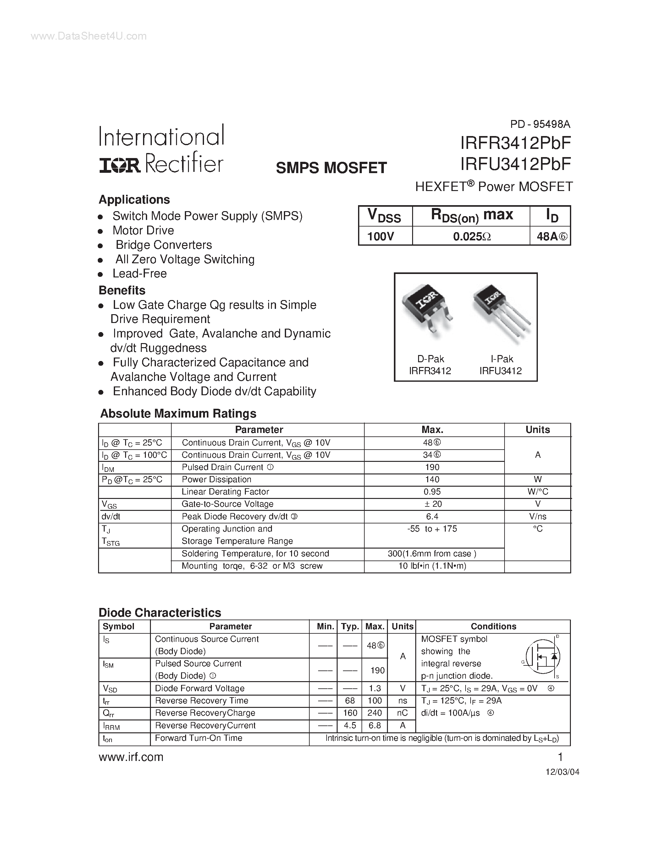 Datasheet IRFR3412PBF - SMPS MOSFET page 1