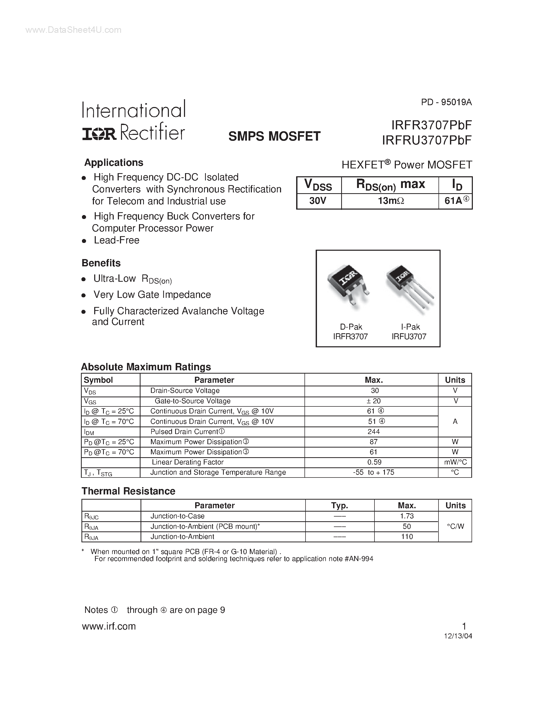 Datasheet IRFR3707PBF - Power MOSFET page 1