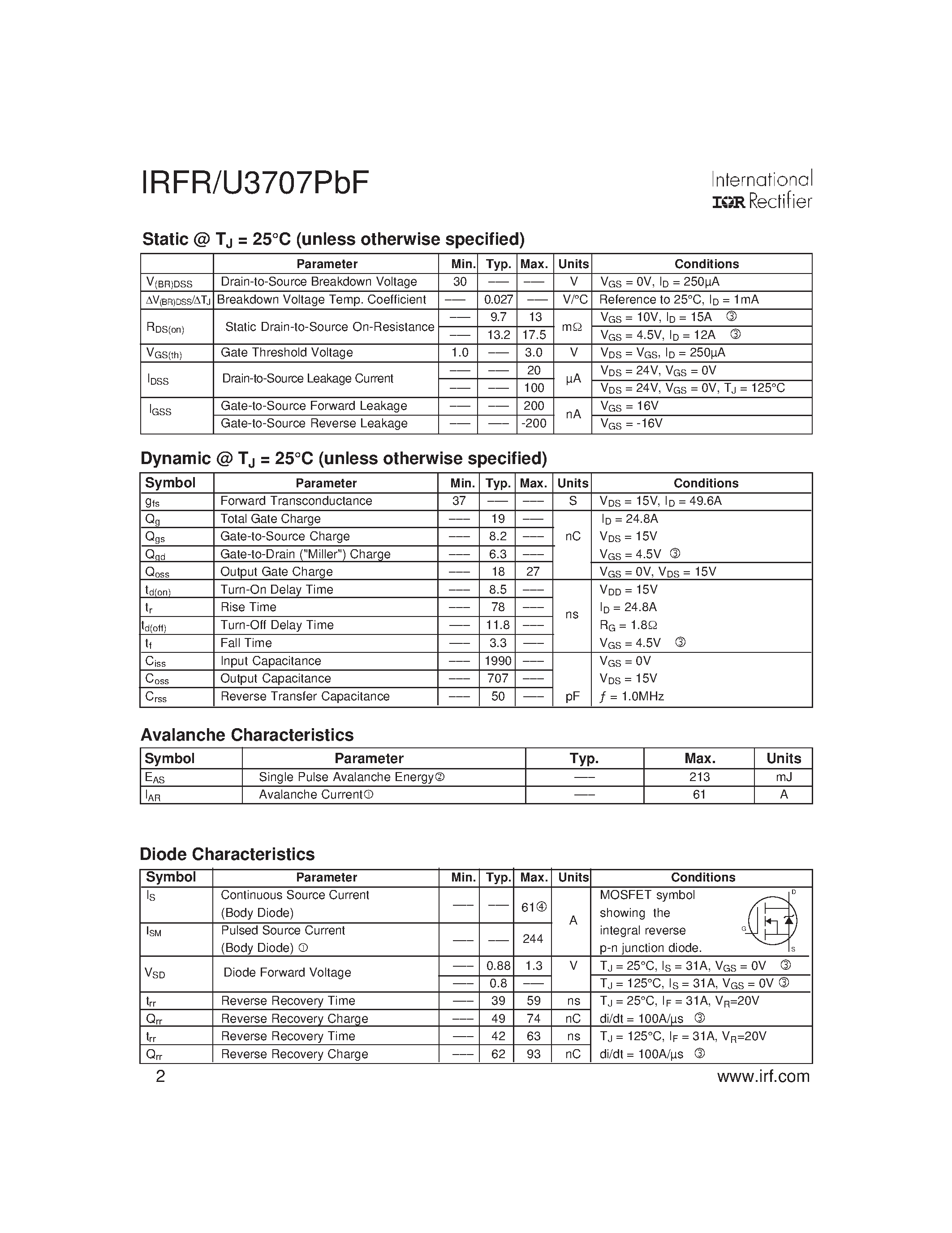Datasheet IRFR3707PBF - Power MOSFET page 2