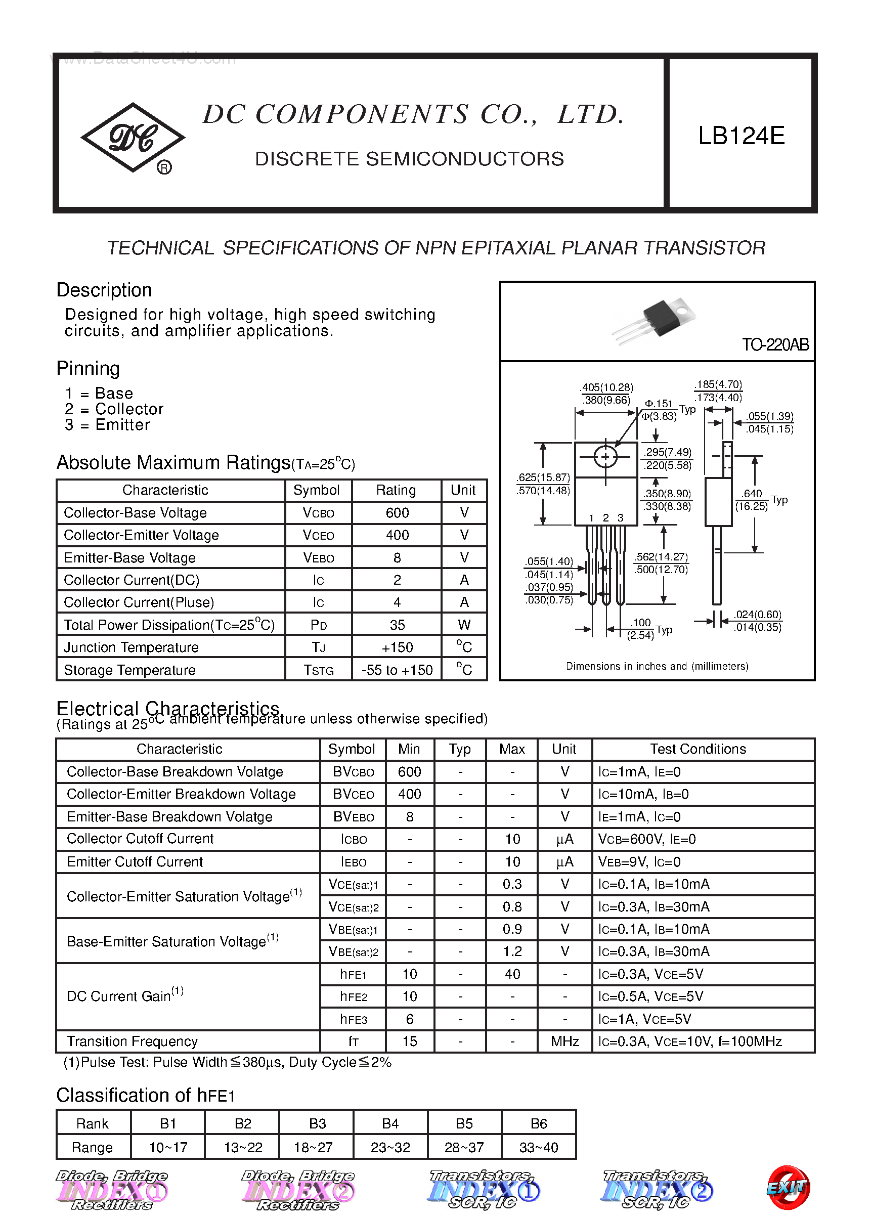 Даташит LB124E - TECHNICAL SPECIFICATIONS OF NPN EPITAXIAL PLANAR TRANSISTOR страница 1