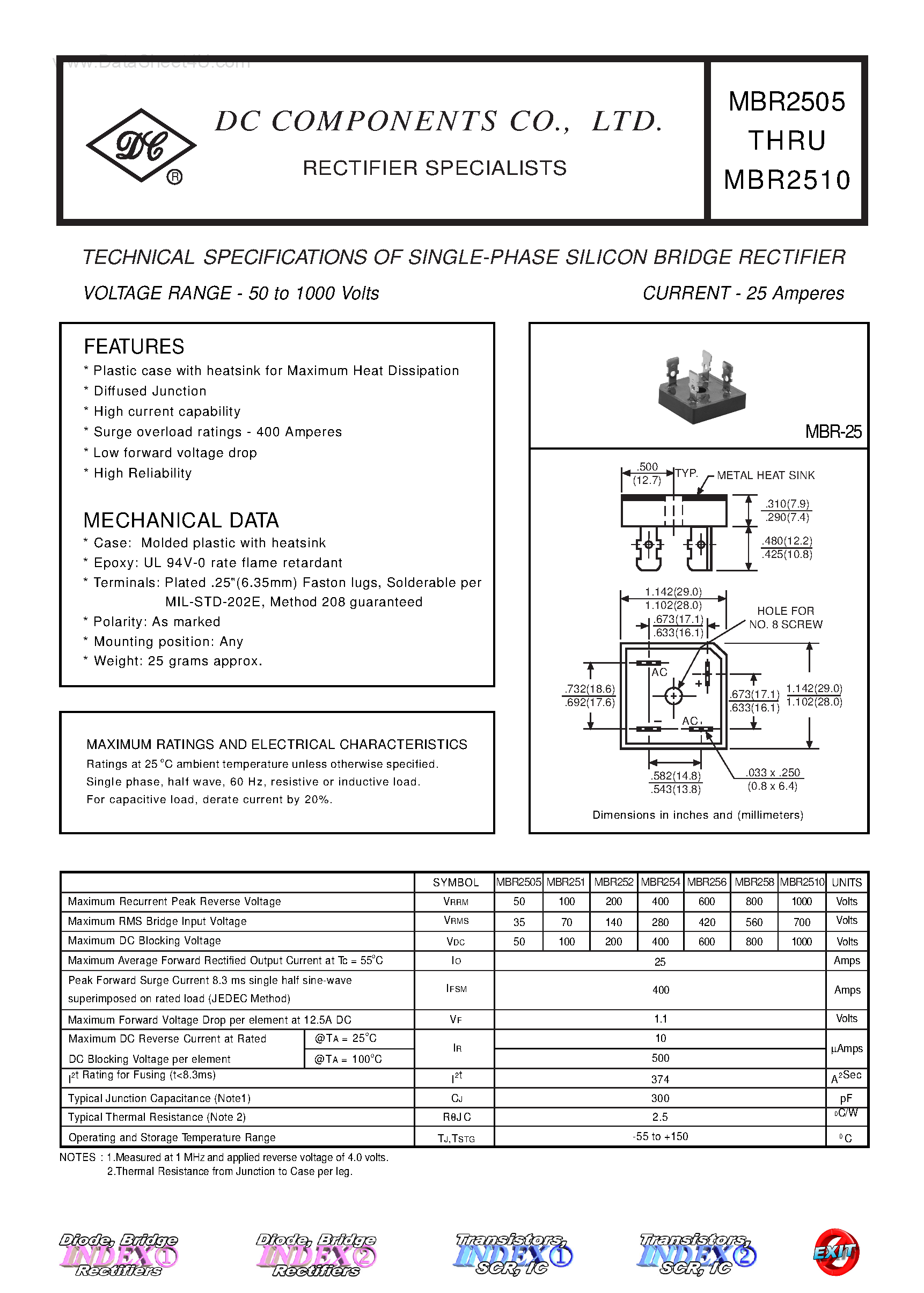 Даташит MBR2505 - (MBR2505 - MBR2510) TECHNICAL SPECIFICATIONS OF SINGLE-PHASE SILICON BRIDGE RECTIFIER страница 1
