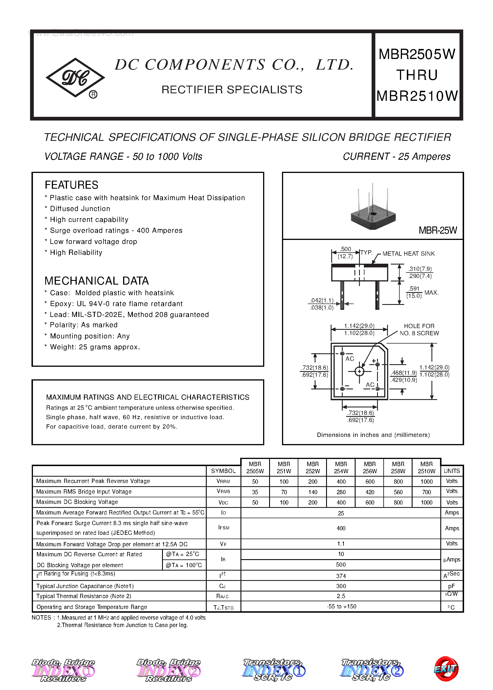 Даташит MBR2505W - (MBR2505W - MBR2510W) TECHNICAL SPECIFICATIONS OF SINGLE-PHASE SILICON BRIDGE RECTIFIER страница 1