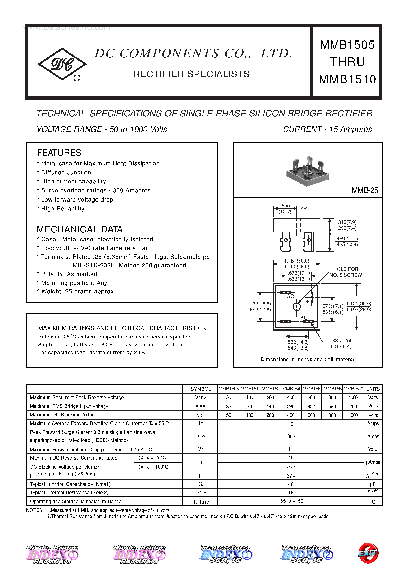 Даташит MMB1505 - (MMB1505 - MMB1510) TECHNICAL SPECIFICATIONS OF SINGLE-PHASE SILICON BRIDGE RECTIFIER страница 1