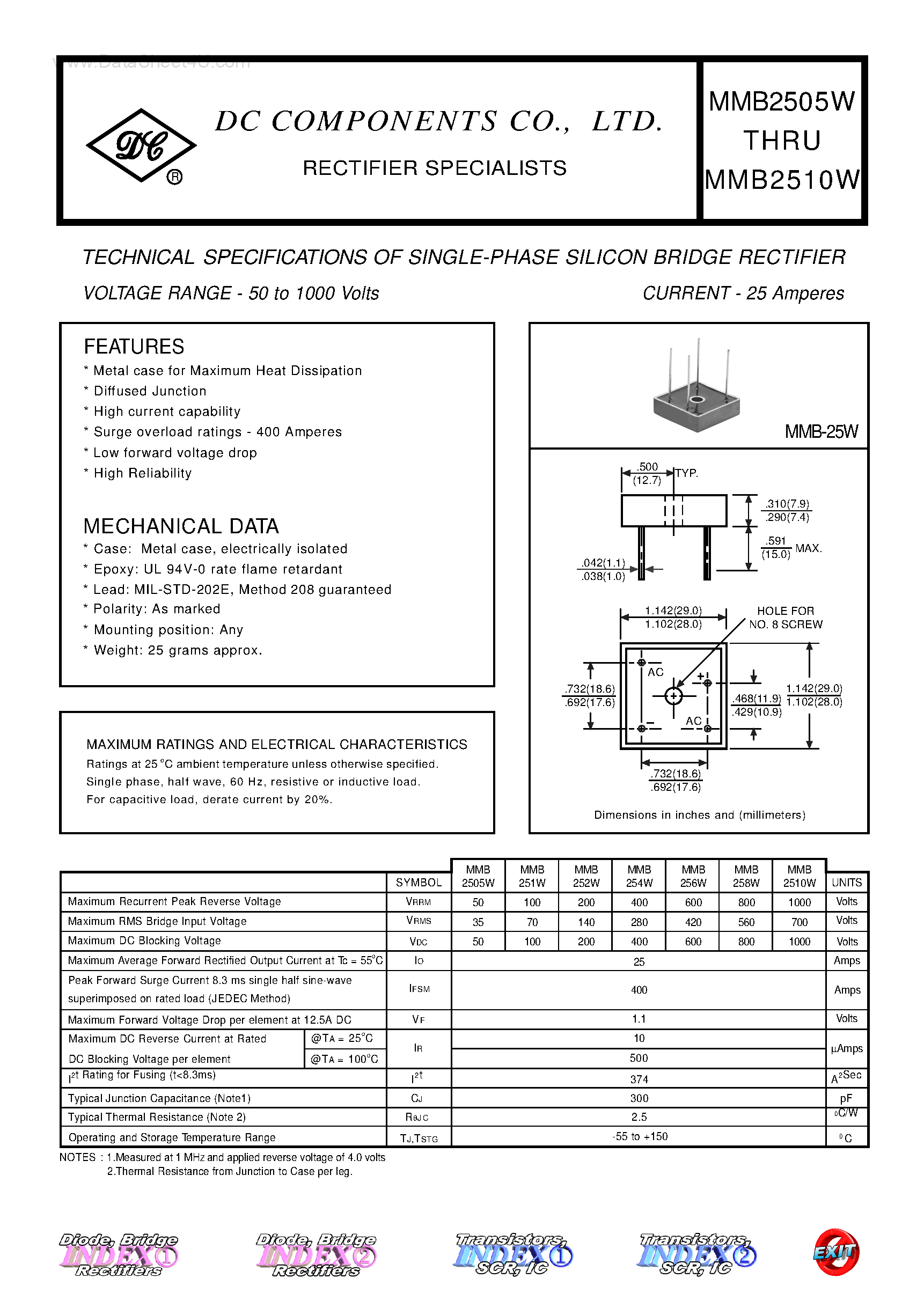 Даташит MMB2505W - (MMB2505W - MMB2510W) TECHNICAL SPECIFICATIONS OF SINGLE-PHASE SILICON BRIDGE RECTIFIER страница 1