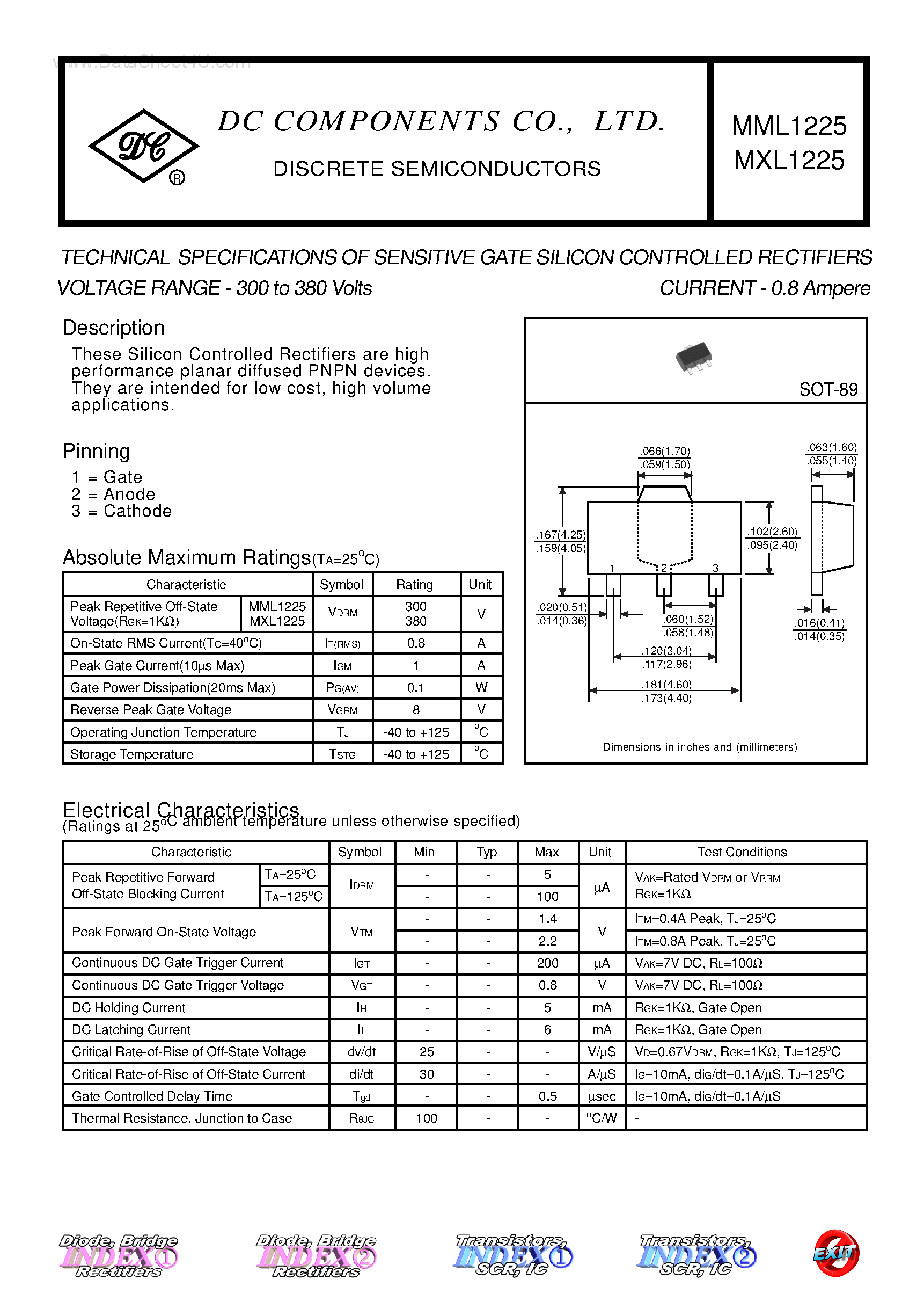 Datasheet MML1225 - TECHNICAL SPECIFICATIONS OF SENSITIVE GATE SILICON CONTROLLED RECTIFIERS page 1