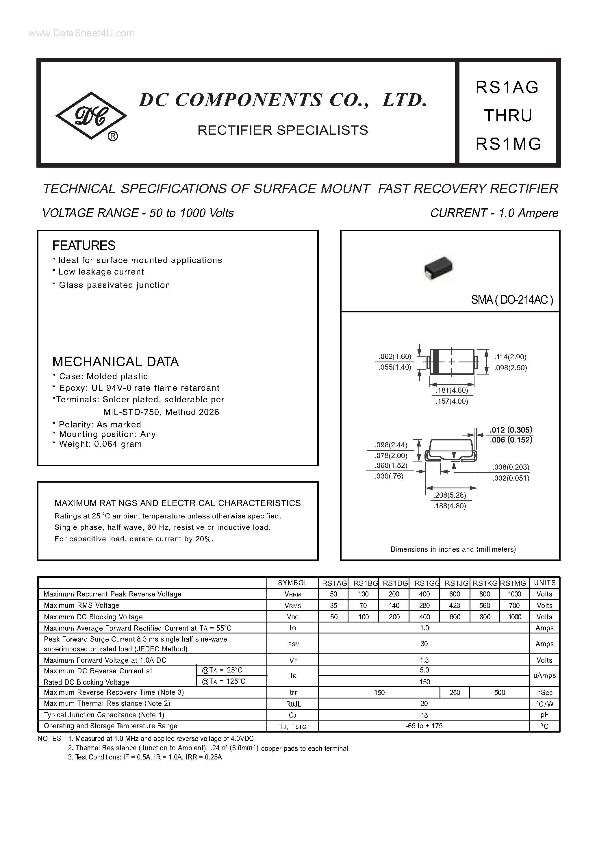 Даташит на микросхему RS1AG страница 1 Даташит RS1AG - (RS1AG - RS1MG) TECHNICAL SPECIFICATIONS OF SURFACE MOUNT FAST RECOVERY RECTIFIER страница 1