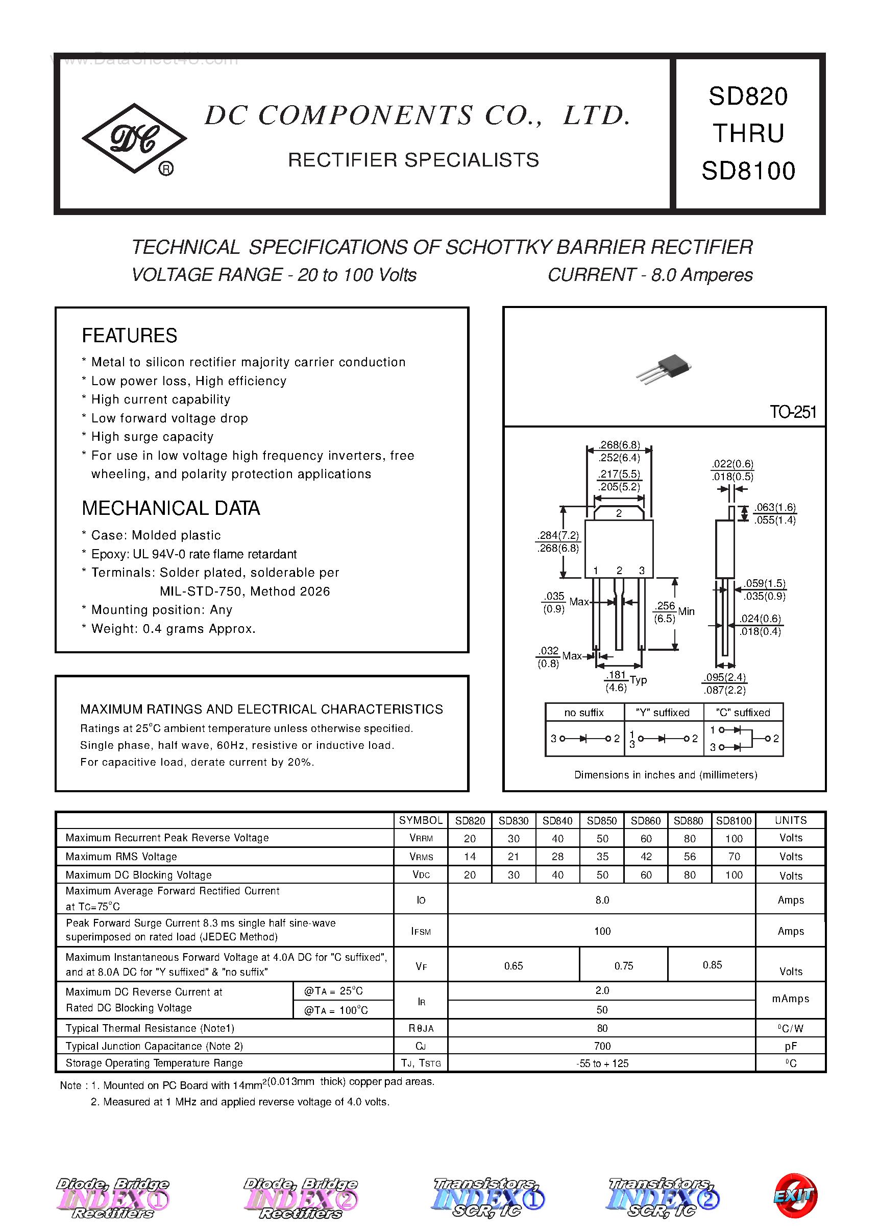 Datasheet SD8100 page 1 Datasheet SD8100 - (SD820 - SD8100) TECHNICAL SPECIFICATIONS OF SCHOTTKY BARRIER RECTIFIER page 1