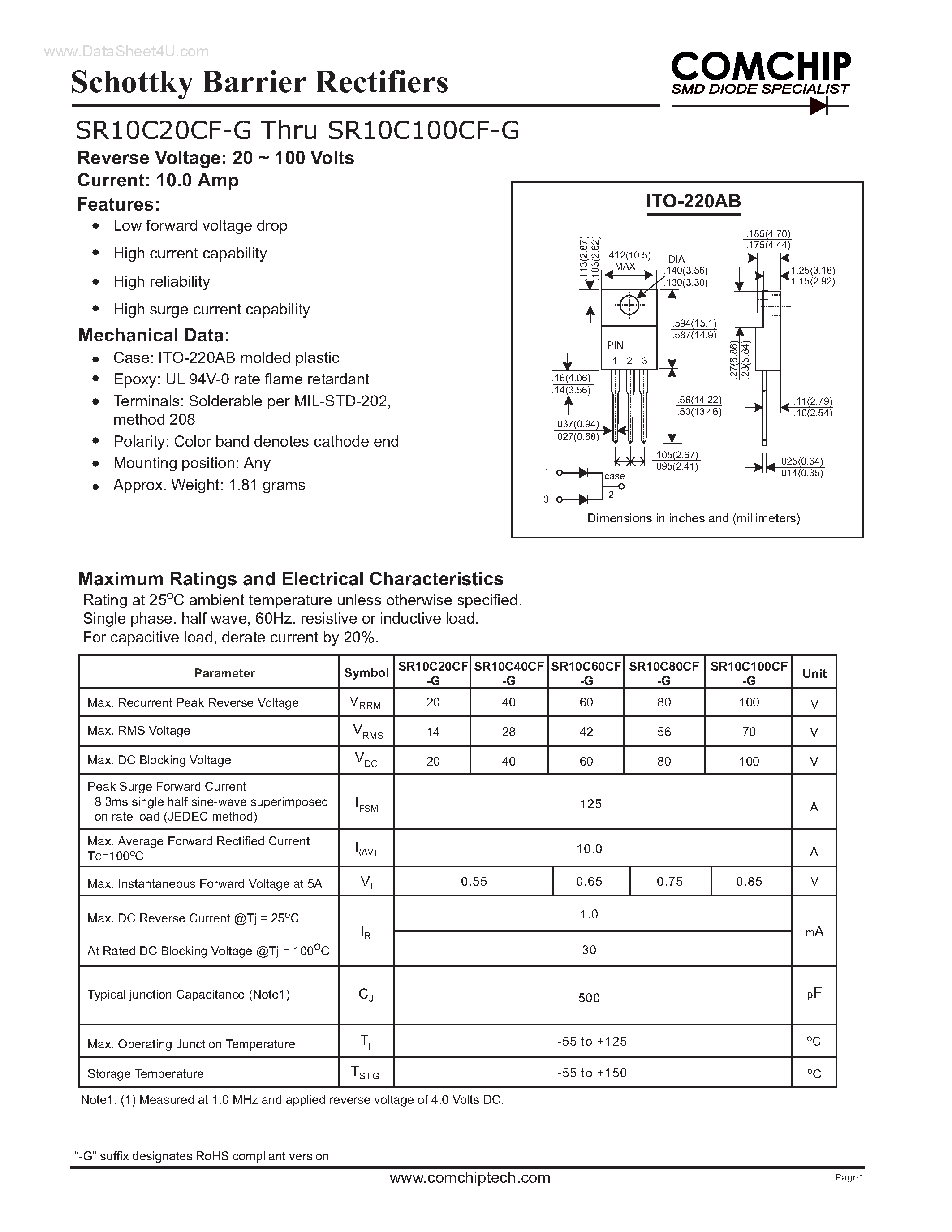 Даташит на микросхему SR10C100CF-G страница 1 Даташит SR10C100CF-G - (SR10C20CF-G - SR10C100CF-G) Schottky Barrier Rectifiers страница 1