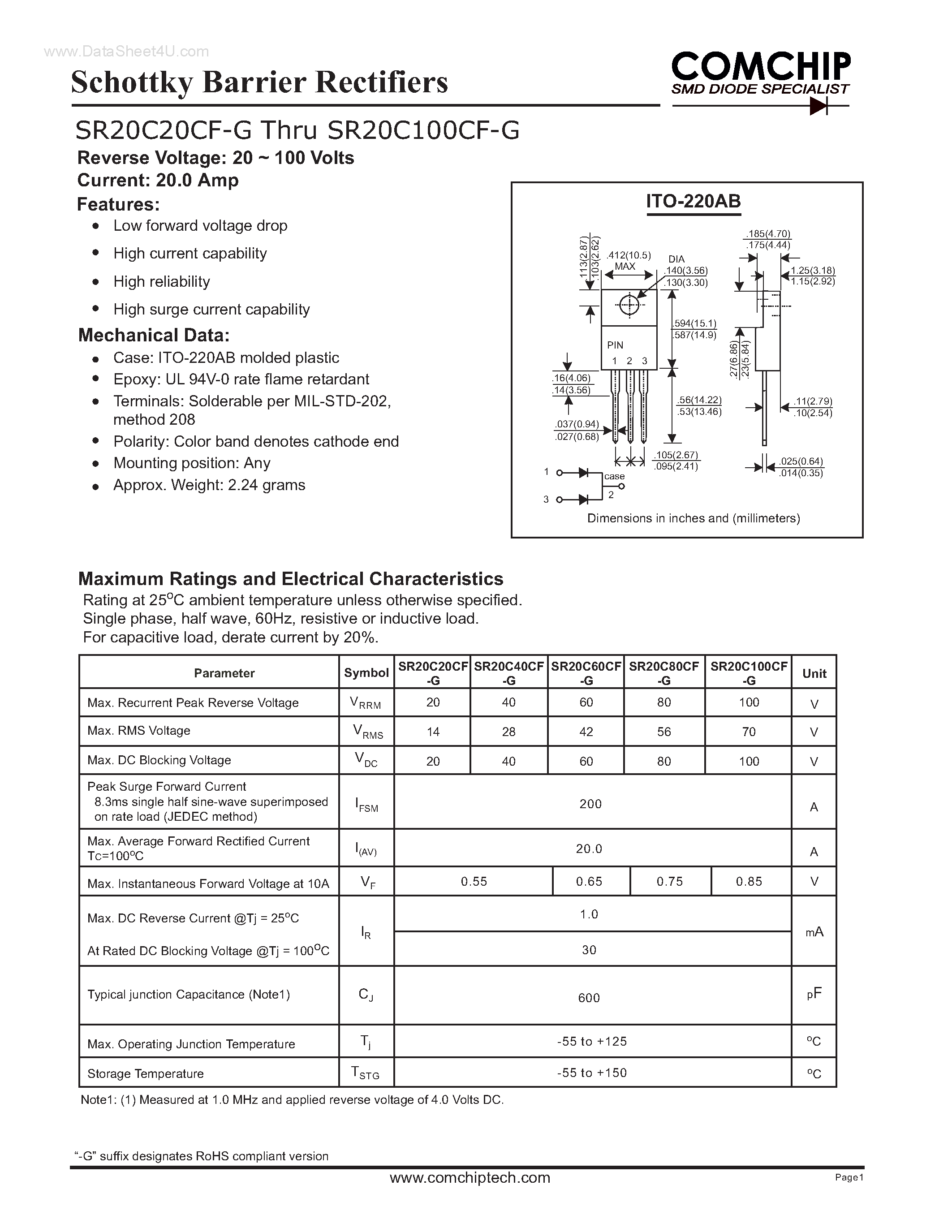 Даташит на микросхему SR20C100CF-G страница 1 Даташит SR20C100CF-G - (SR20C20CF-G - SR20C100CF-G) Schottky Barrier Rectifiers страница 1