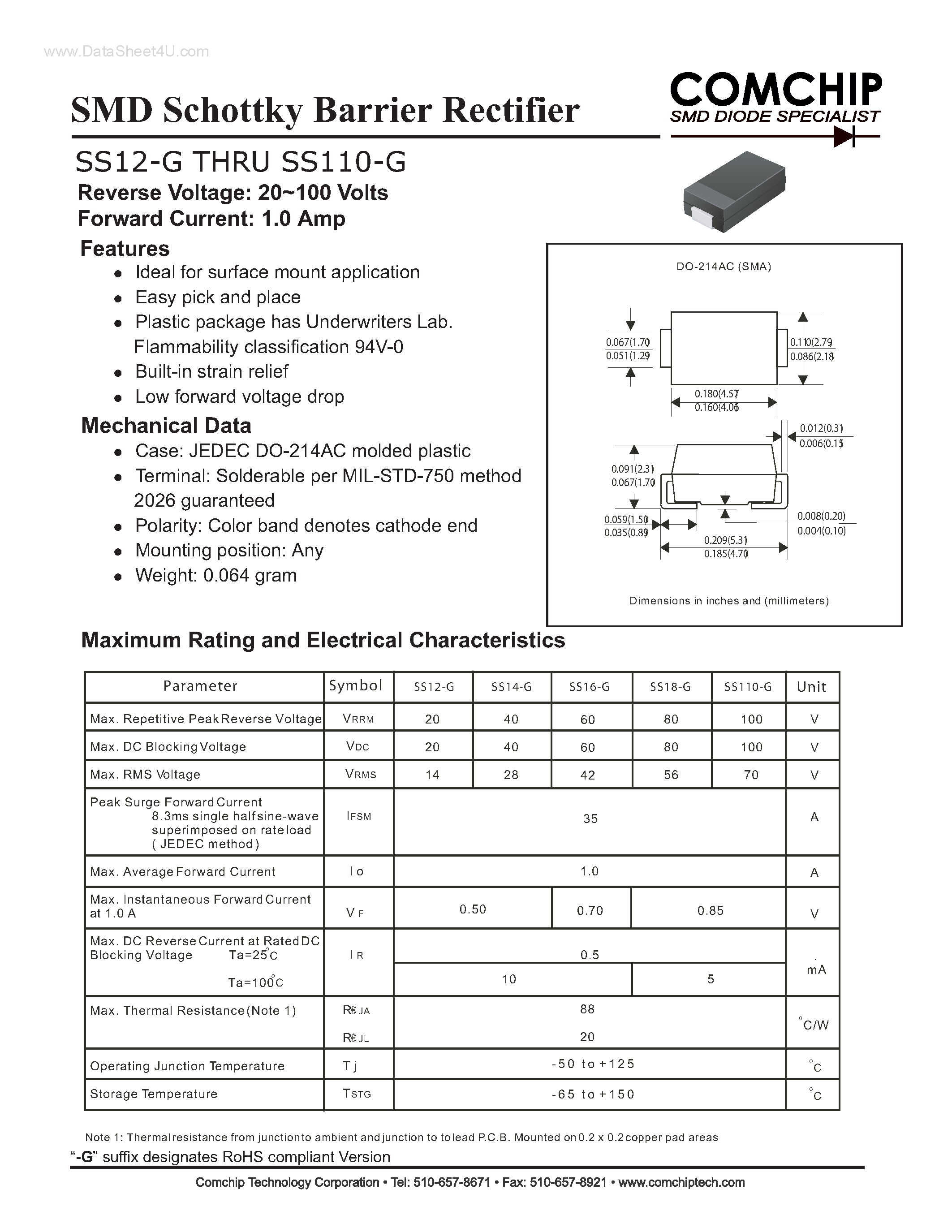 Даташит на микросхему SS110-G страница 1 Даташит SS110-G - (SS12-G - SS110-G) SMD Schottky Barrier Rectifier страница 1