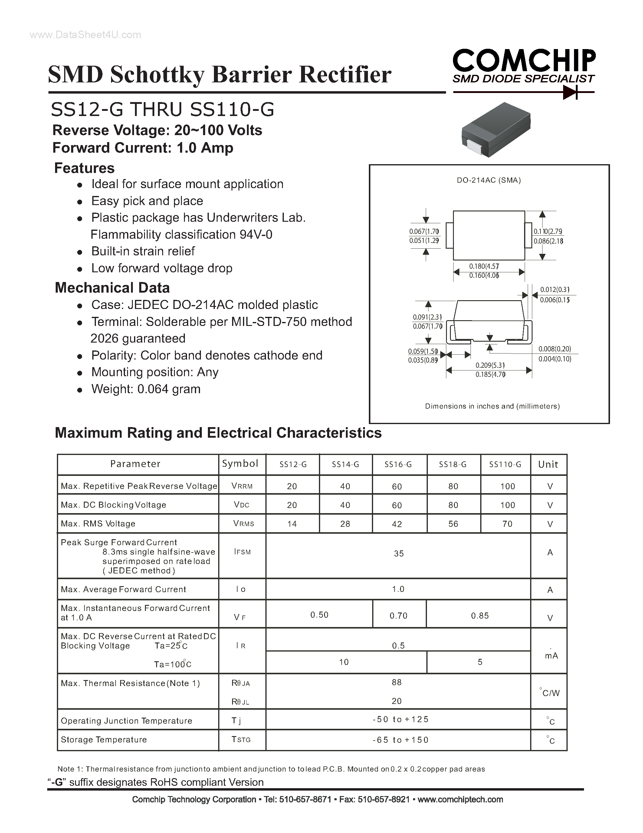 Datasheet SS110-G - (SS12-G - SS110-G) SMD Schottky Barrier Rectifier page 1