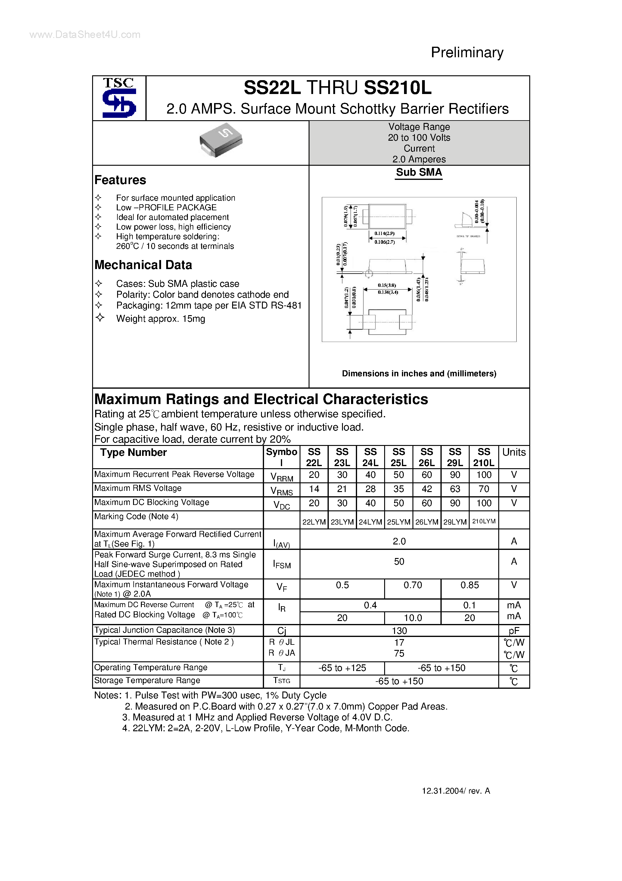 Datasheet SS210L - (SS22L - SS210L) Surface Mount Schottky Barrier Rectifiers page 1