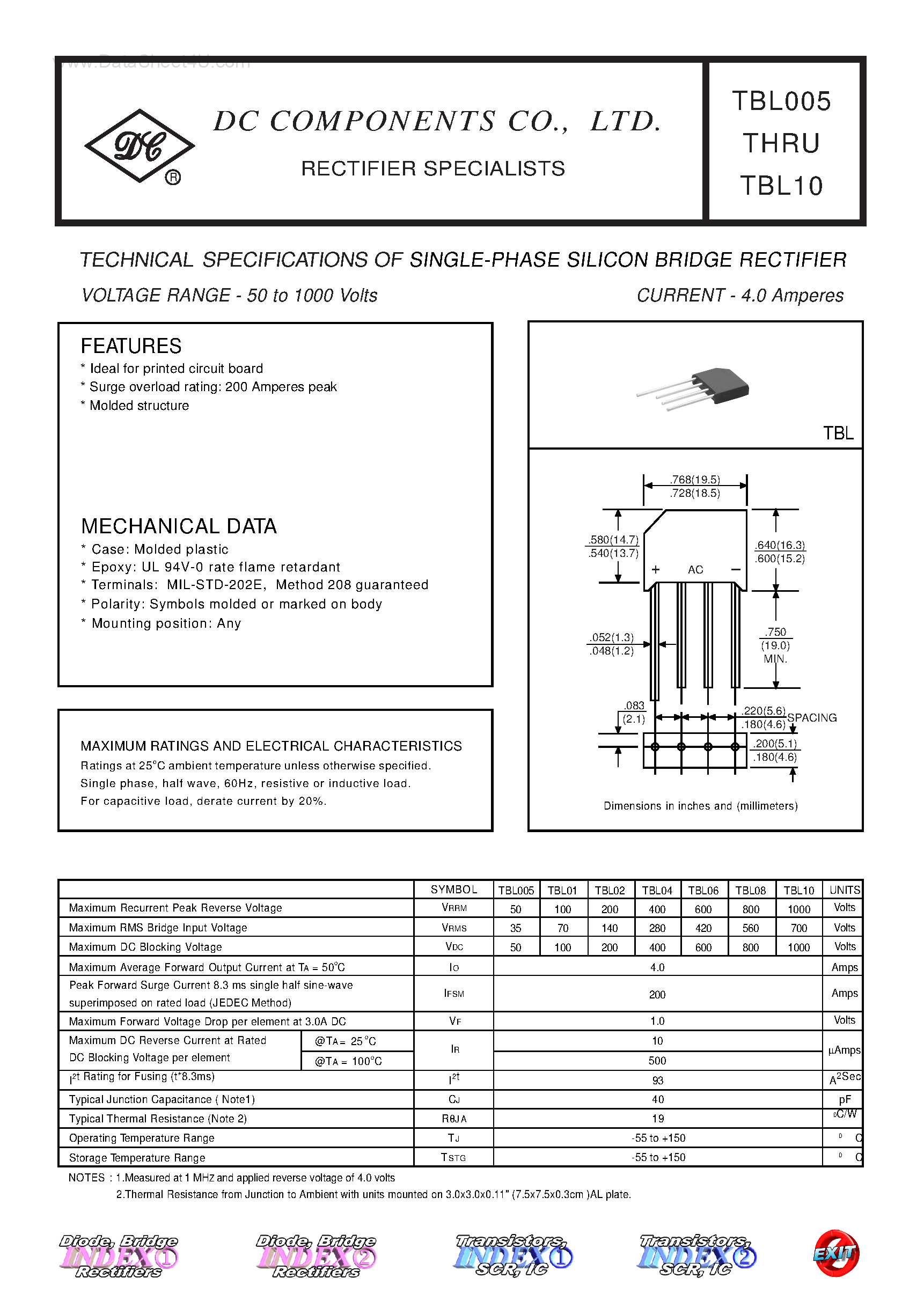 Datasheet TBL005 - (TBL005 - TBL10) TECHNICAL SPECIFICATIONS OF SINGLE-PHASE SILICON BRIDGE RECTIFIER page 1