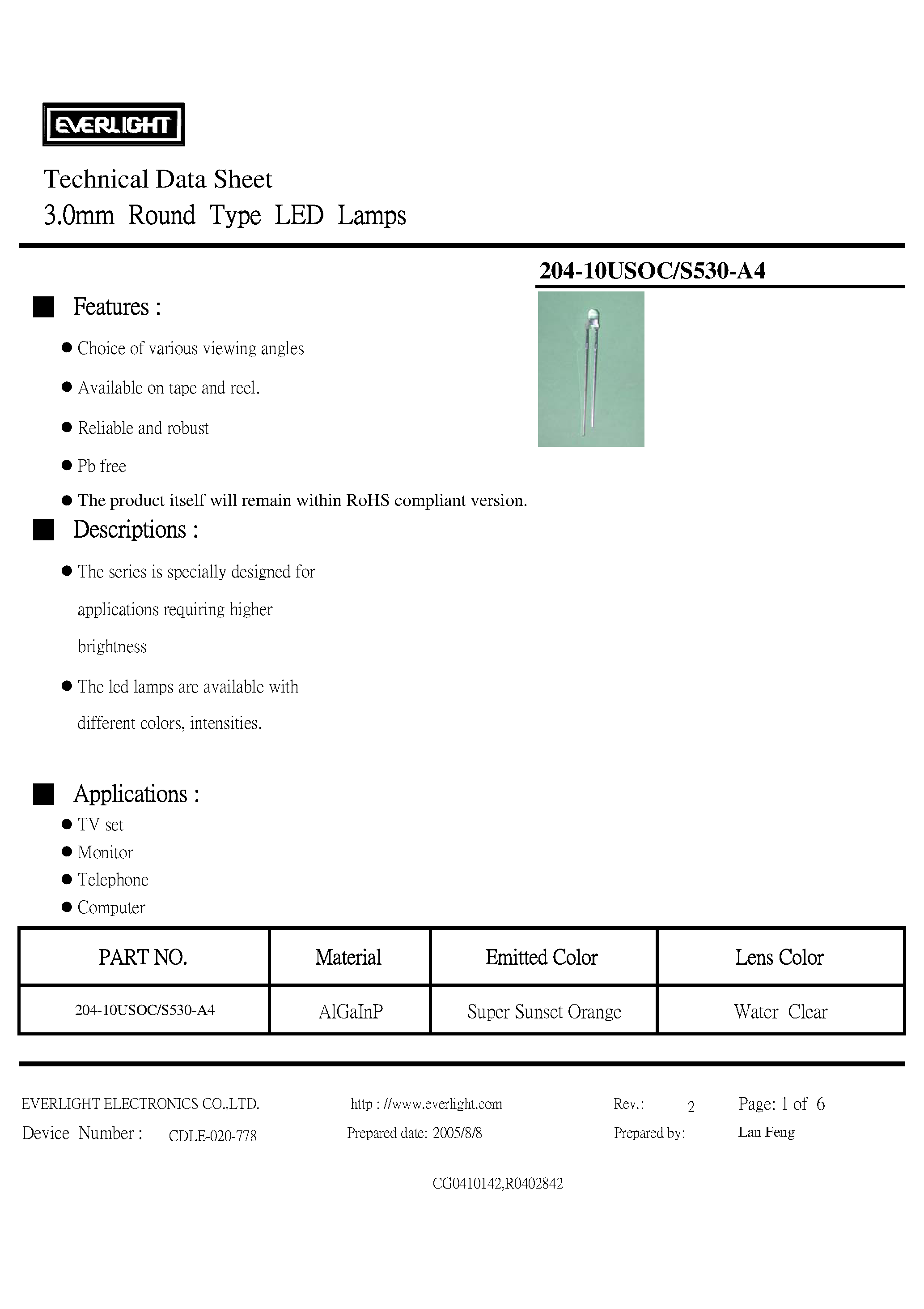 Datasheet 204-10USOC page 2 Datasheet 204-10USOC - 3.0mm Round Type LED Lamps page 2