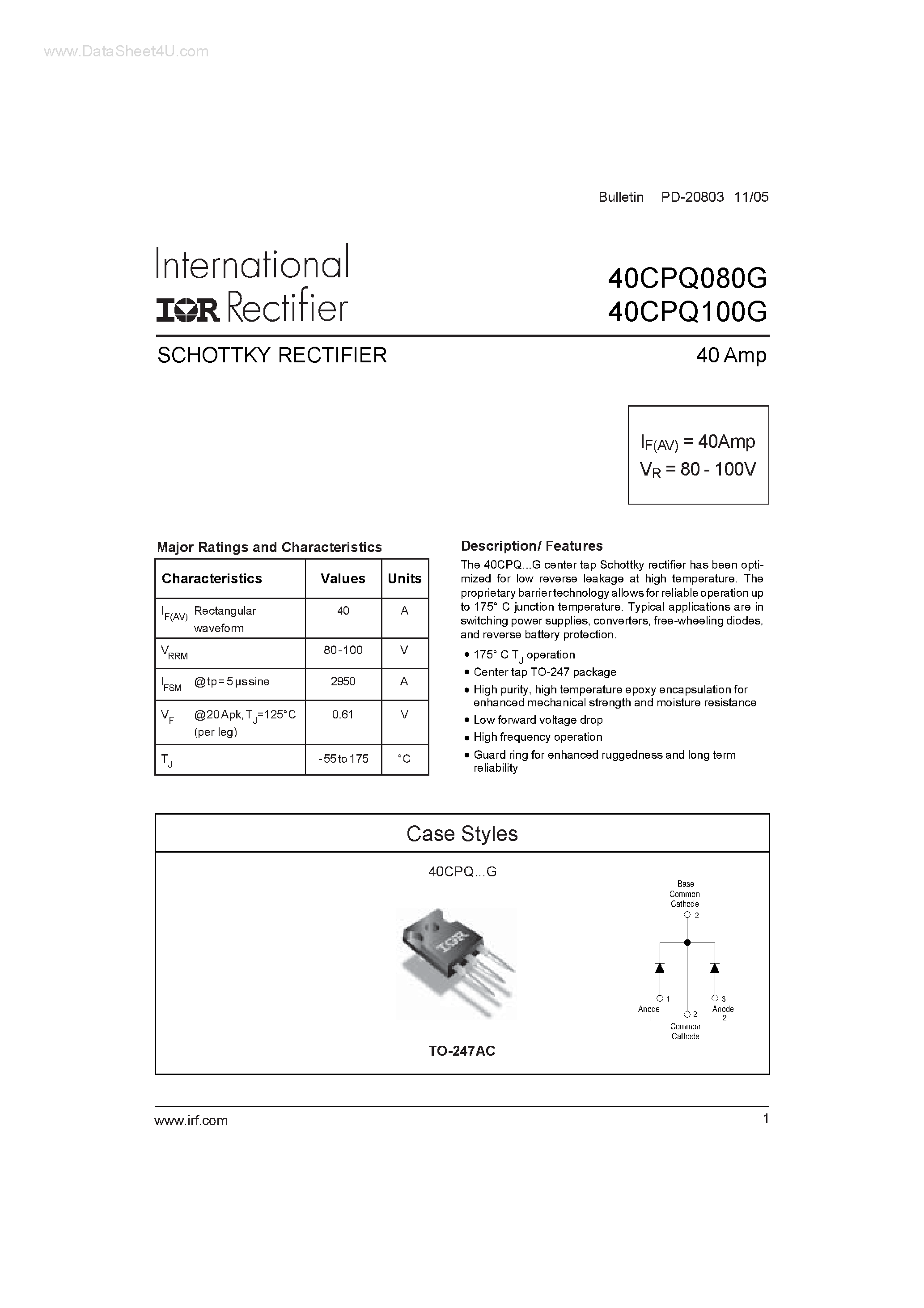 Datasheet 40CPQ080G - (40CPQ080G / 40CPQ100G) SCHOTTKY RECTIFIER page 1