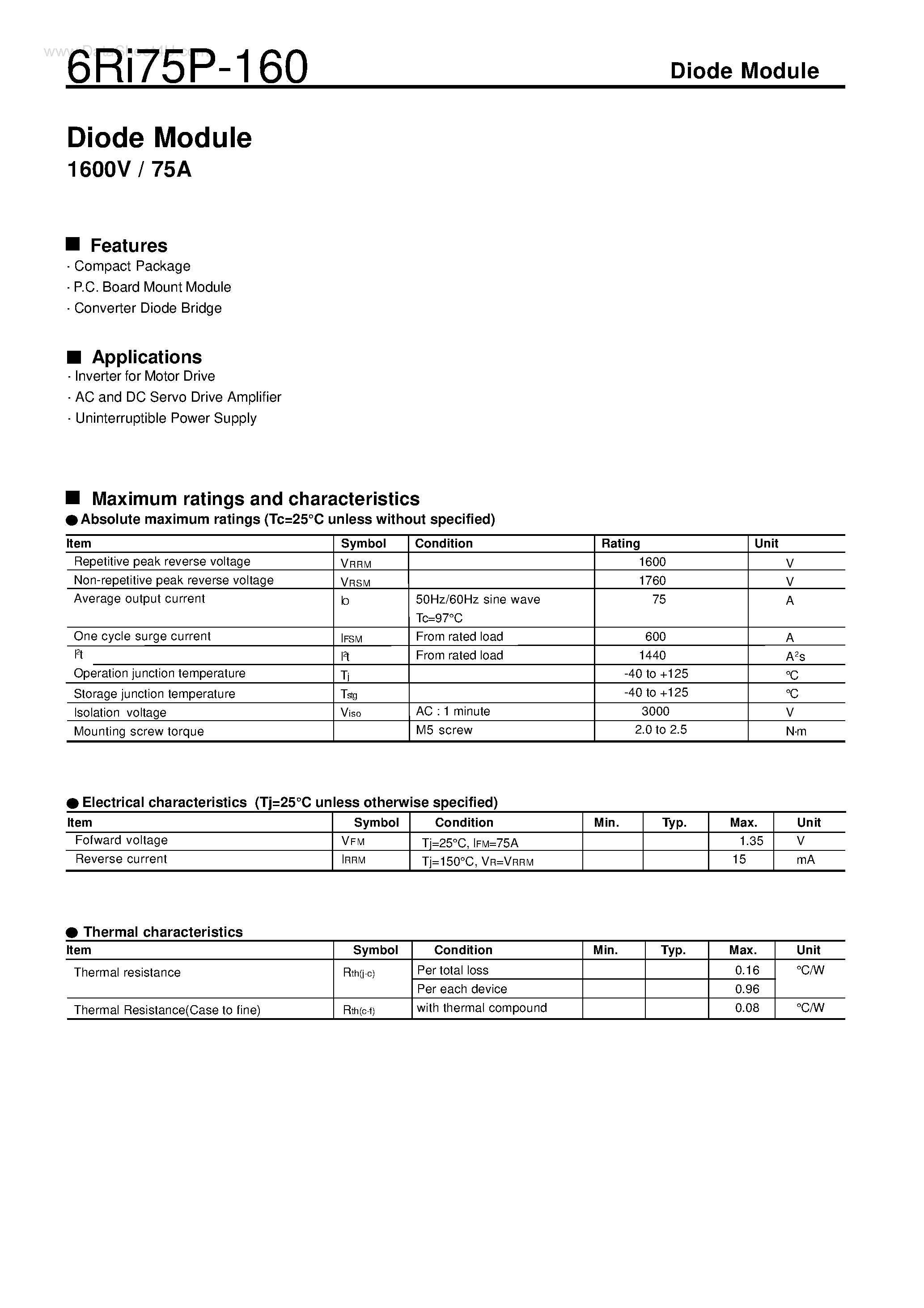 Datasheet 6RI75P-160 page 1 Datasheet 6RI75P-160 - Diode Module page 1