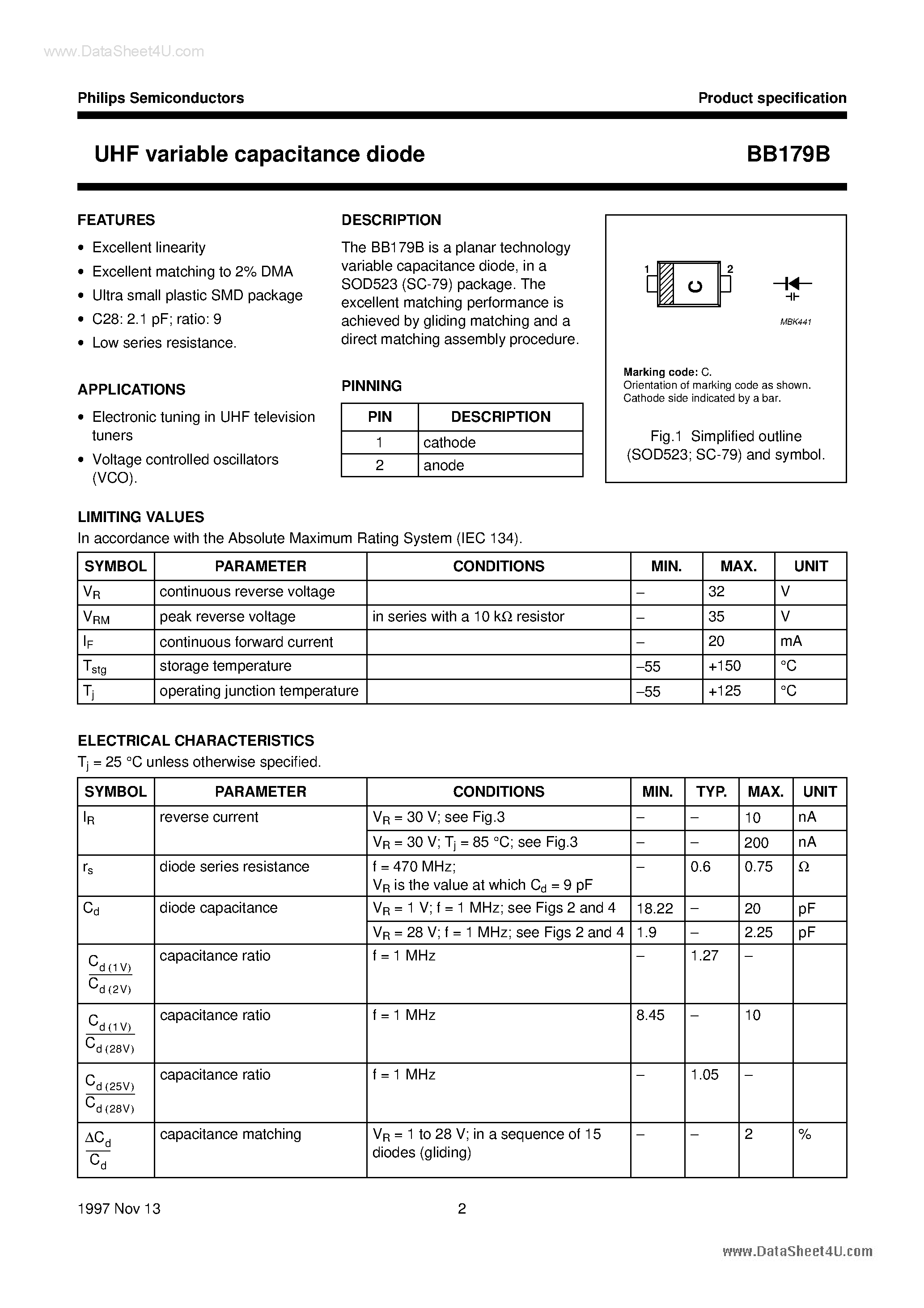 Datasheet BB179B - UHF variable capacitance diode page 2