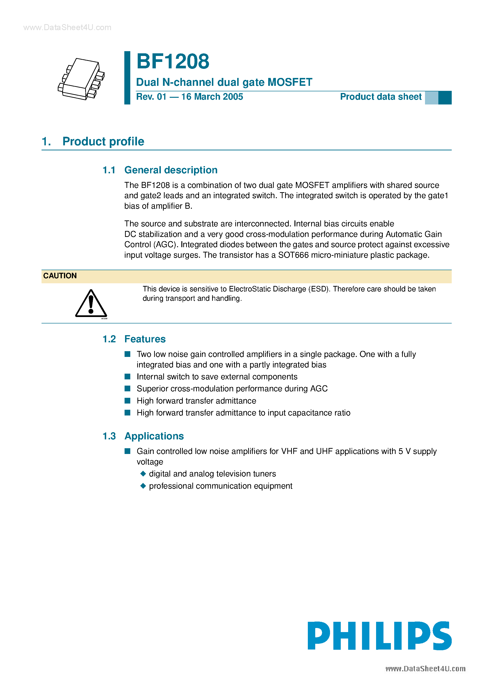 Даташит на микросхему BF1208 страница 1 Даташит BF1208 - Dual N-channel dual gate MOSFET страница 1