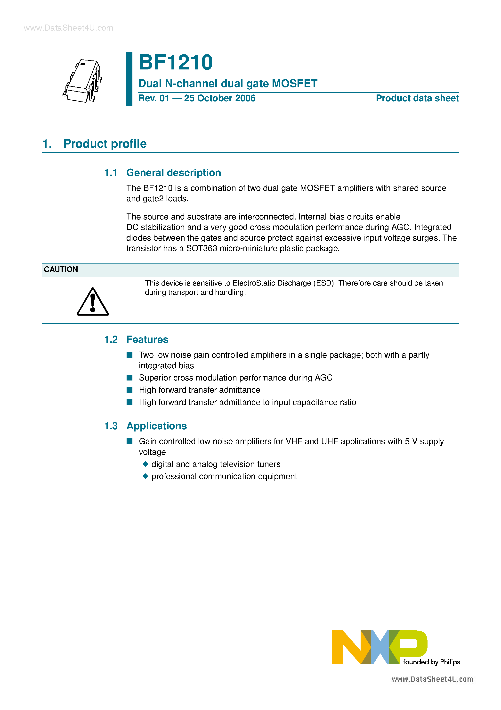 Даташит на микросхему BF1210 страница 1 Даташит BF1210 - Dual N-channel dual gate MOSFET страница 1