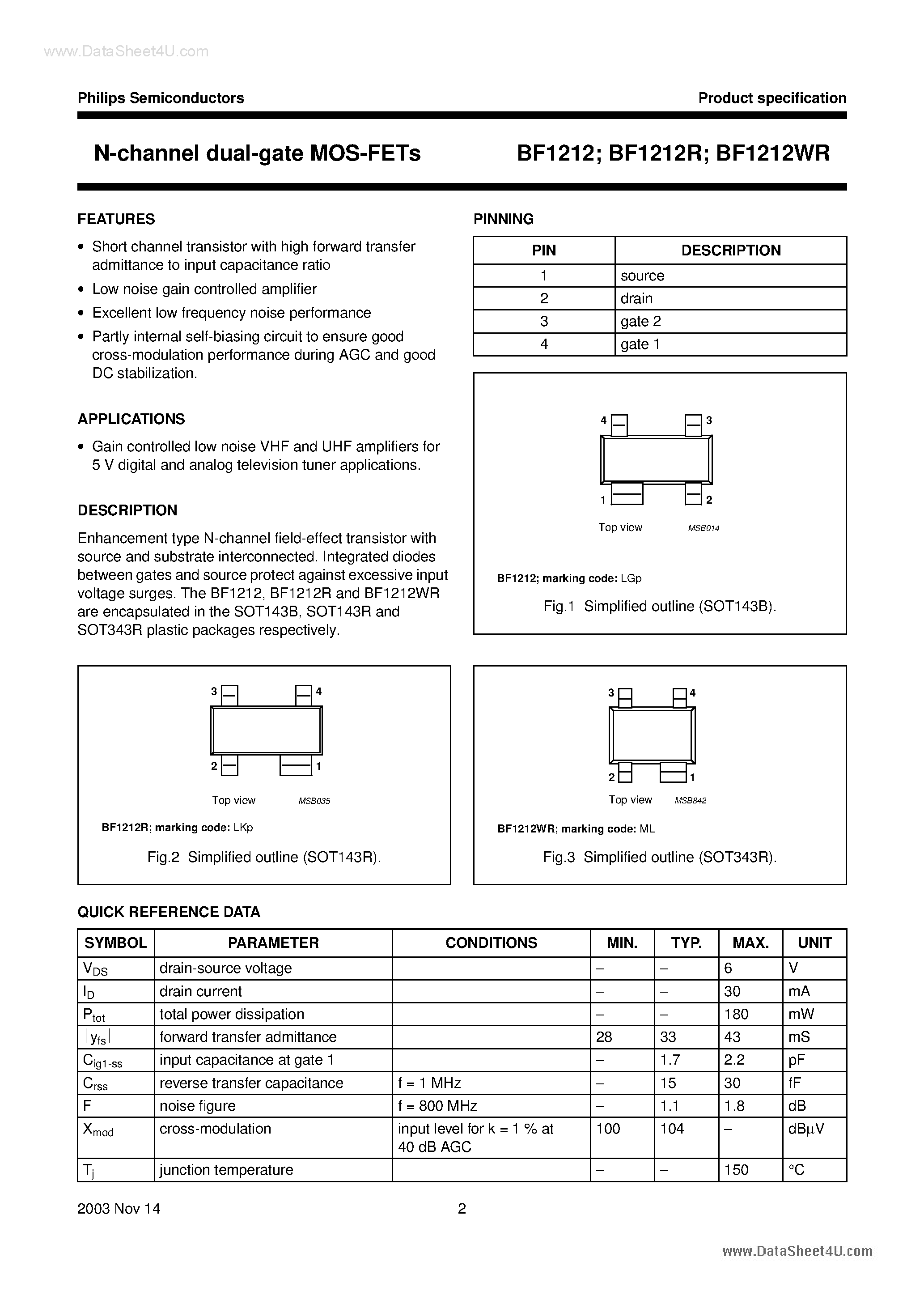 Даташит на микросхему BF1212 страница 2 Даташит BF1212 - N-channel dual-gate MOS-FETs страница 2