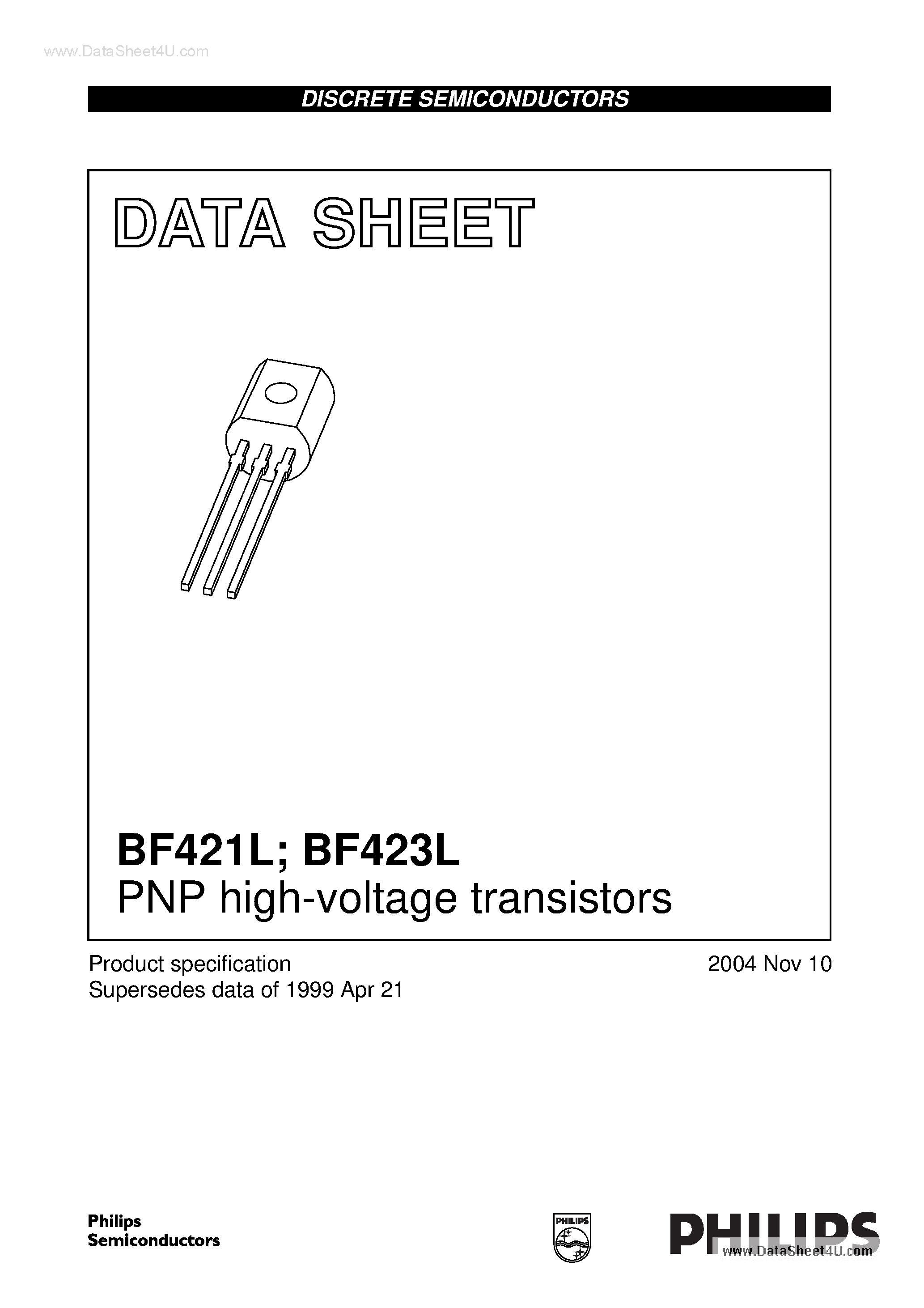Даташит BF421L - (BF421L / BF423L) PNP high-voltage transistors страница 1