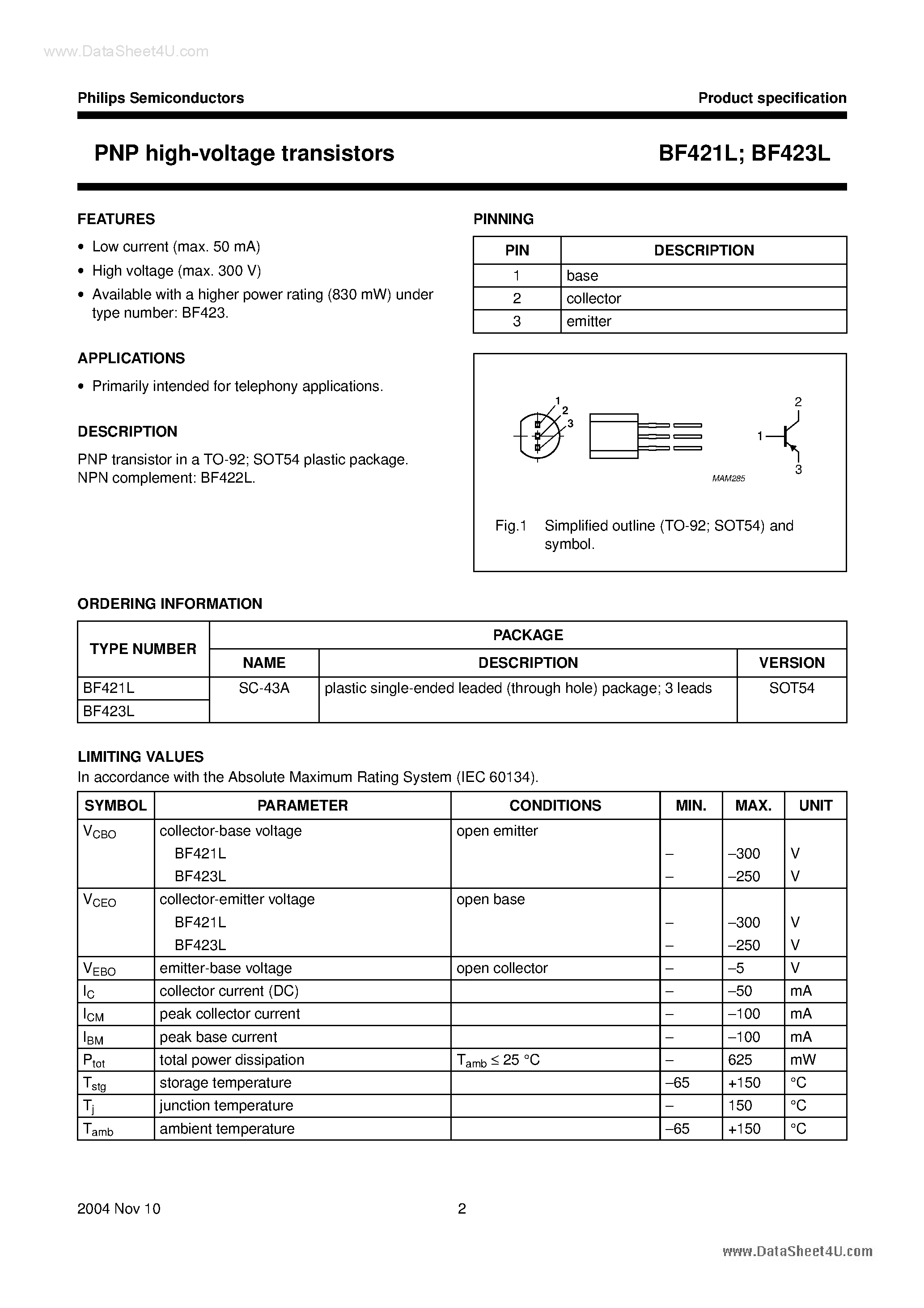 Даташит BF421L - (BF421L / BF423L) PNP high-voltage transistors страница 2