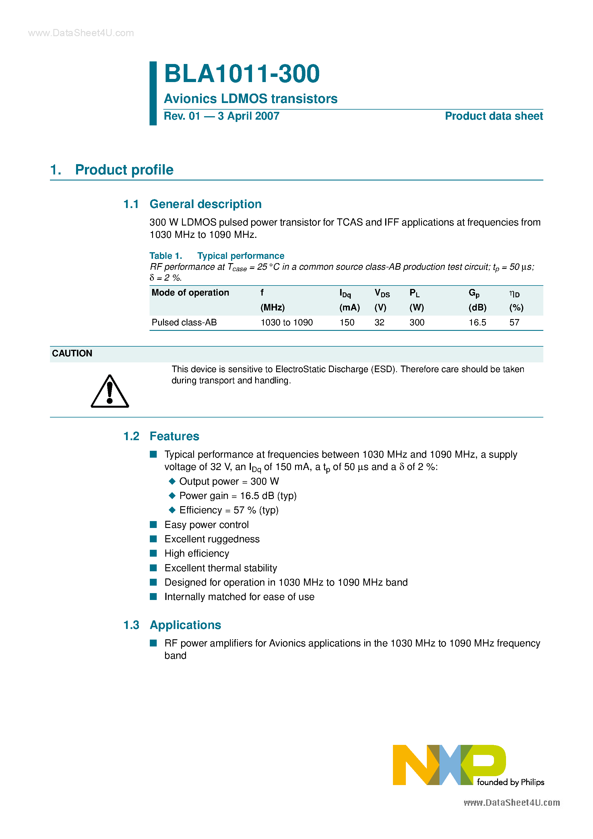 Даташит BLA1011-300 - Avionics LDMOS transistors страница 1