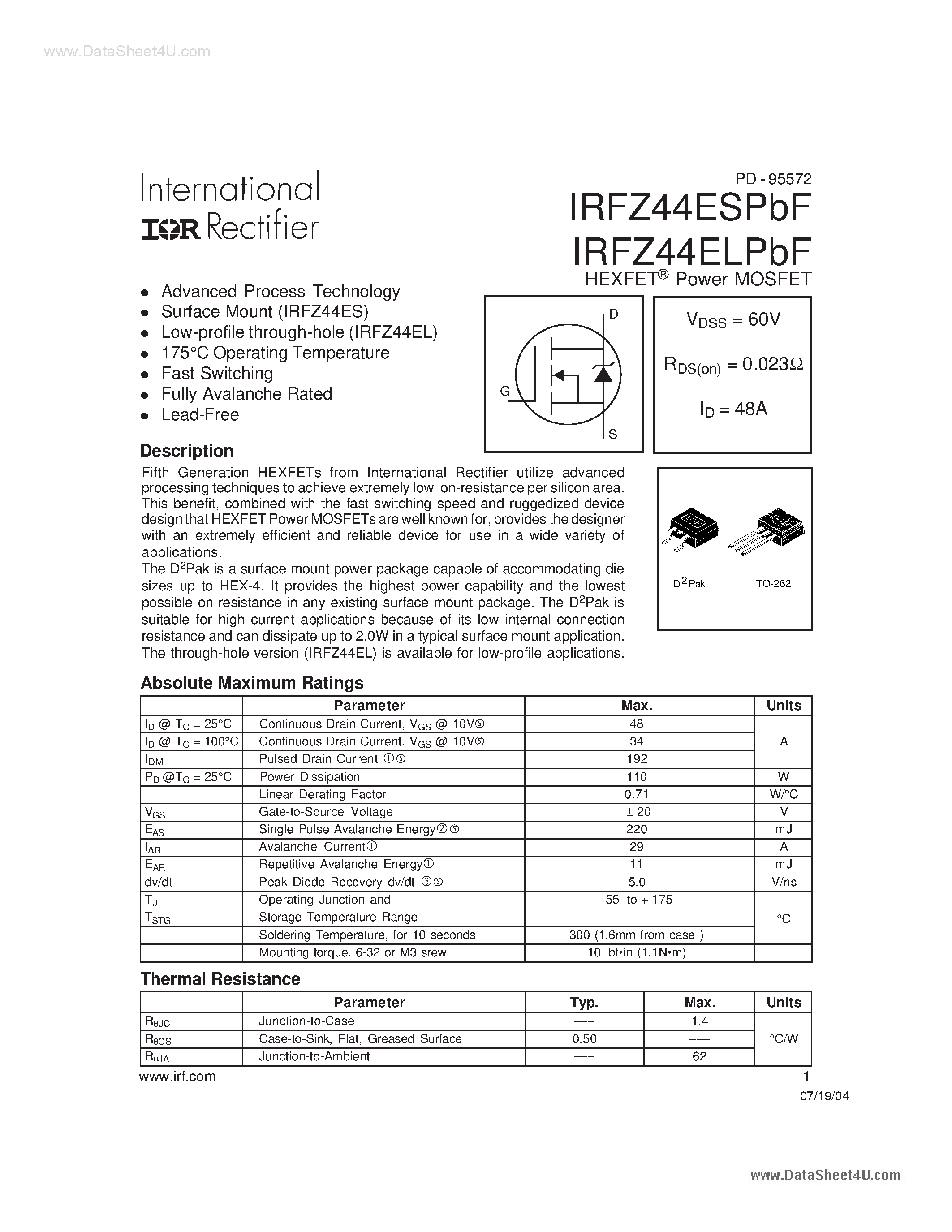 Datasheet IRFZ44ELPBF - Power MOSFET page 1