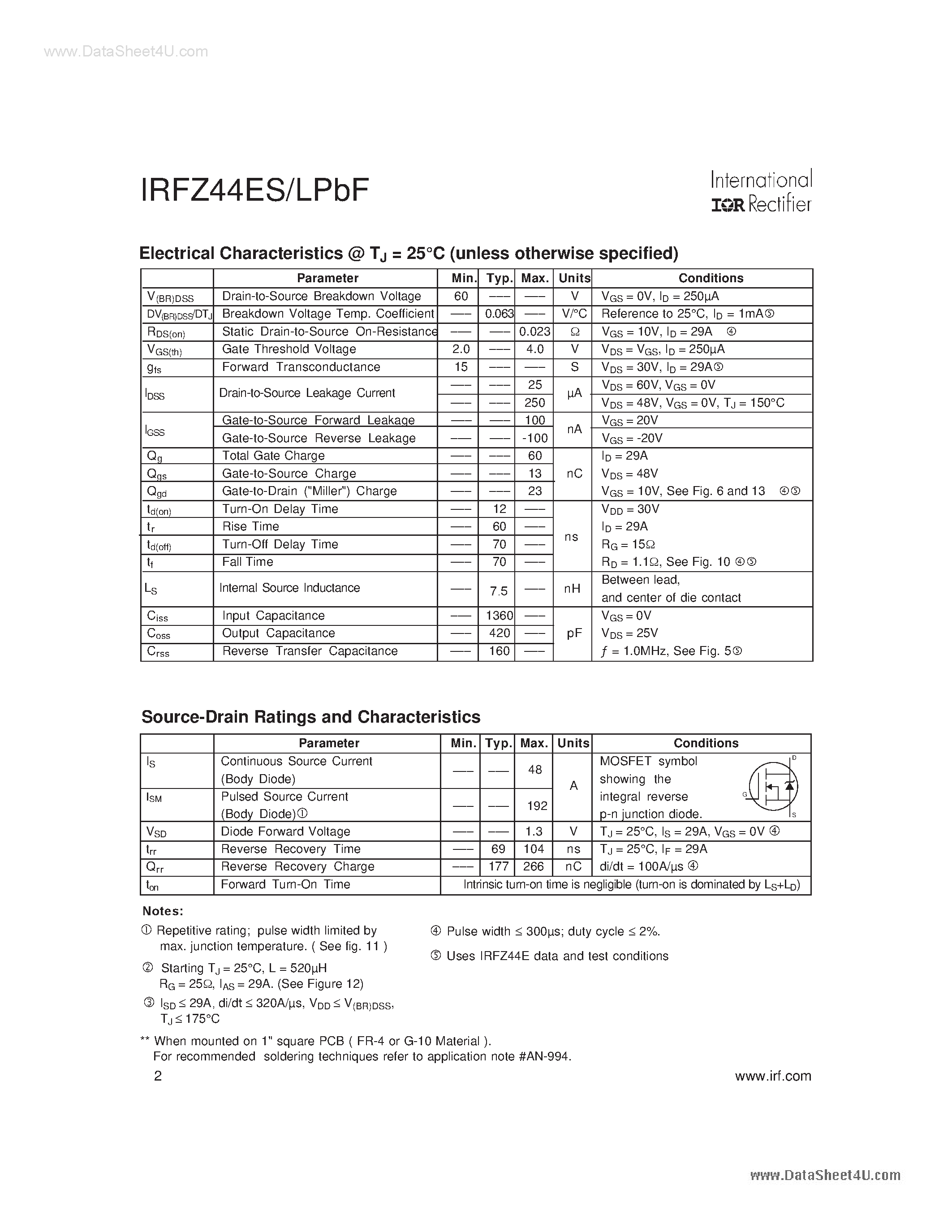 Datasheet IRFZ44ELPBF - Power MOSFET page 2