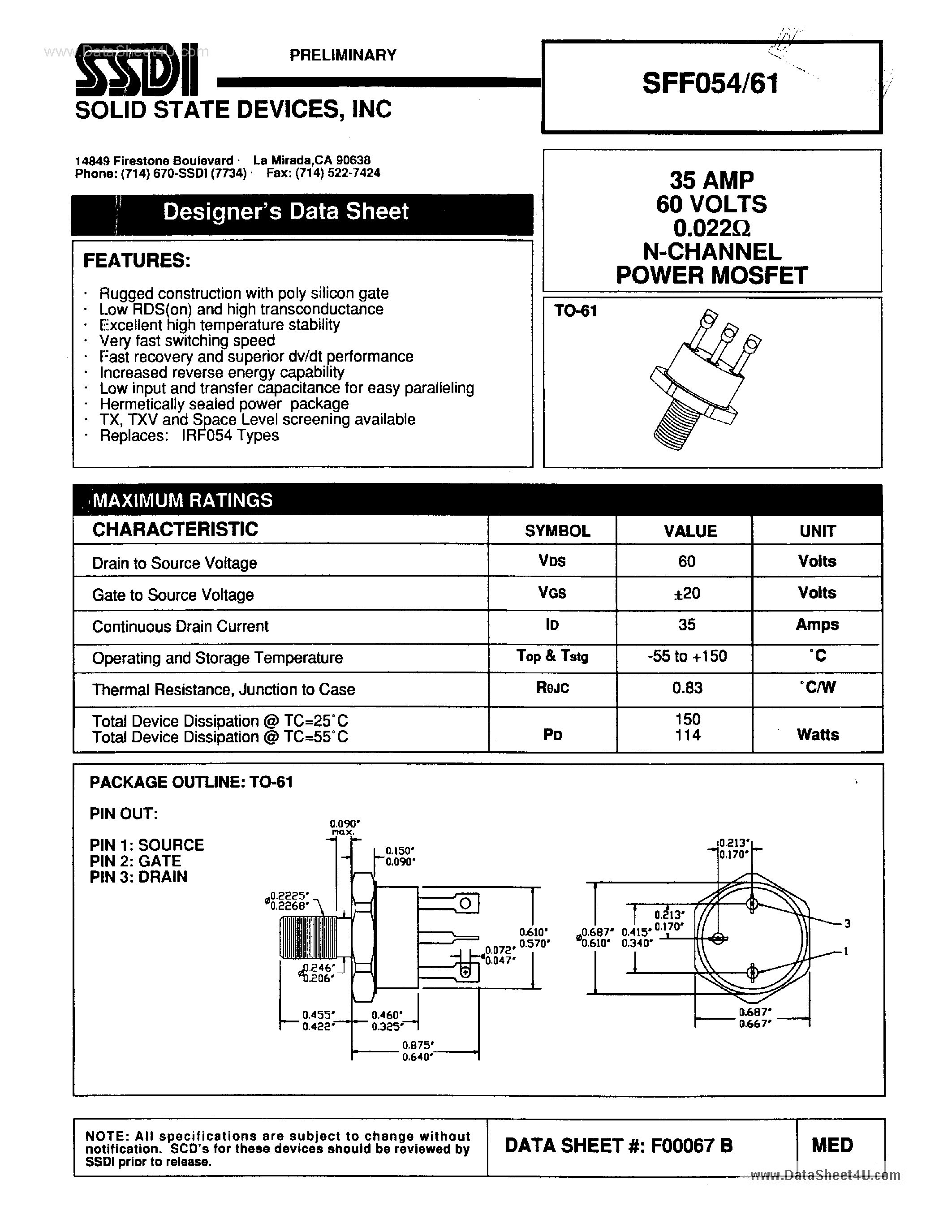 Даташит на микросхему SFF054/61 страница 1 Даташит SFF054/61 - N-Channel POWER MOSFET страница 1