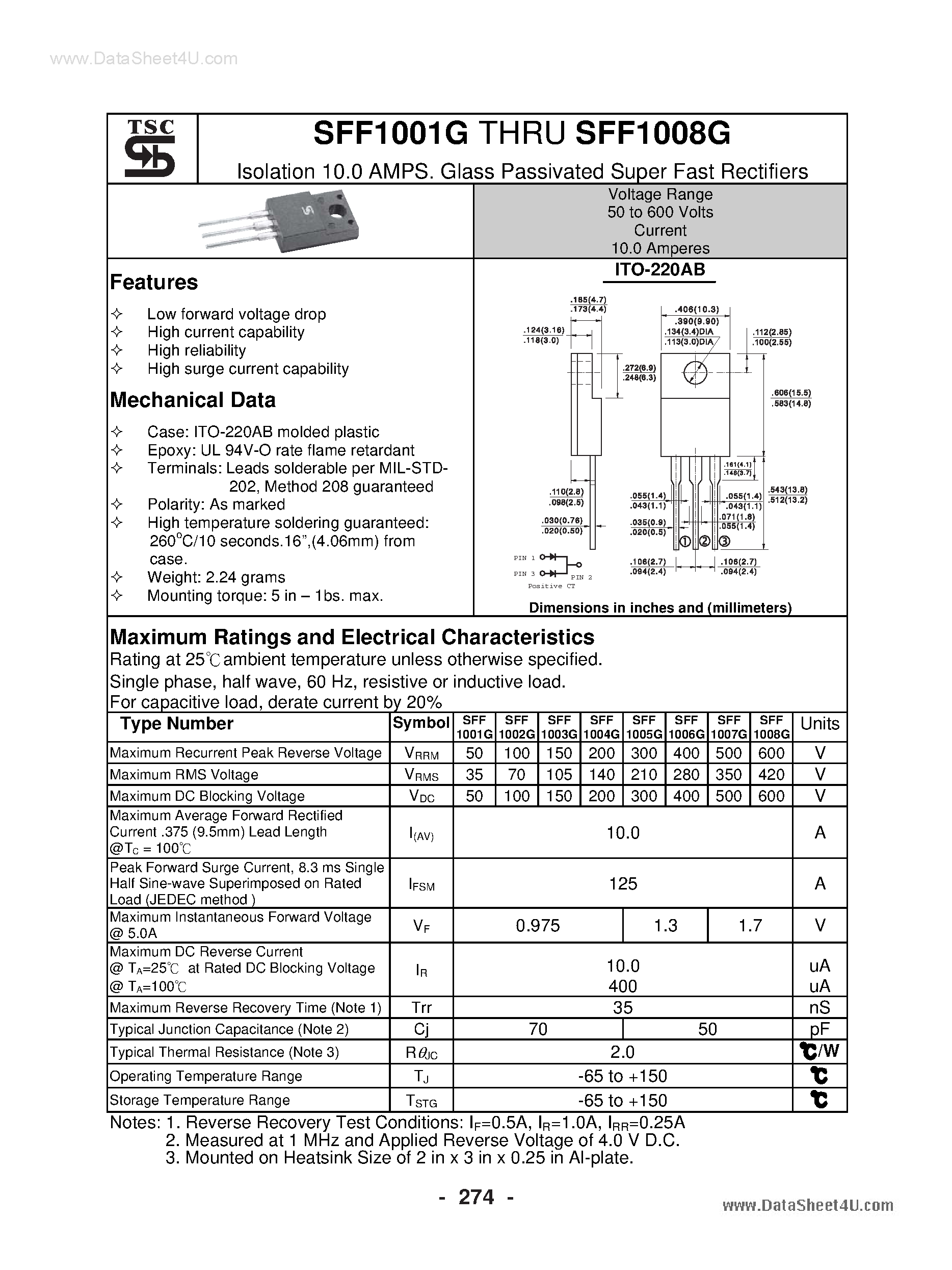 Datasheet SFF1001G page 1 Datasheet SFF1001G - (SFF1001G - SFF1008G) Glass Passivated Super Fast Rectifiers page 1