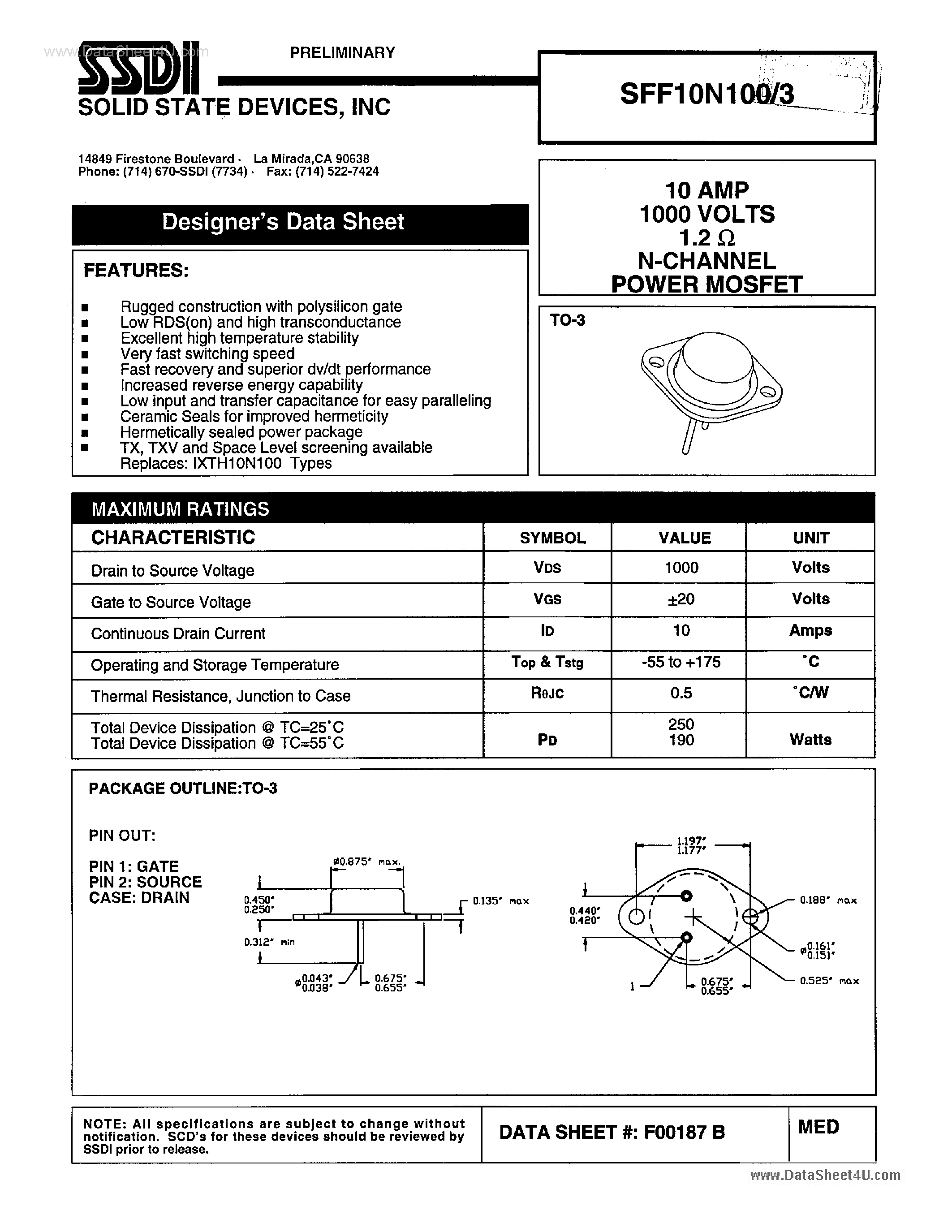 Datasheet SFF10N100/3 page 1 Datasheet SFF10N100/3 - N-Channel Power MOSFET page 1