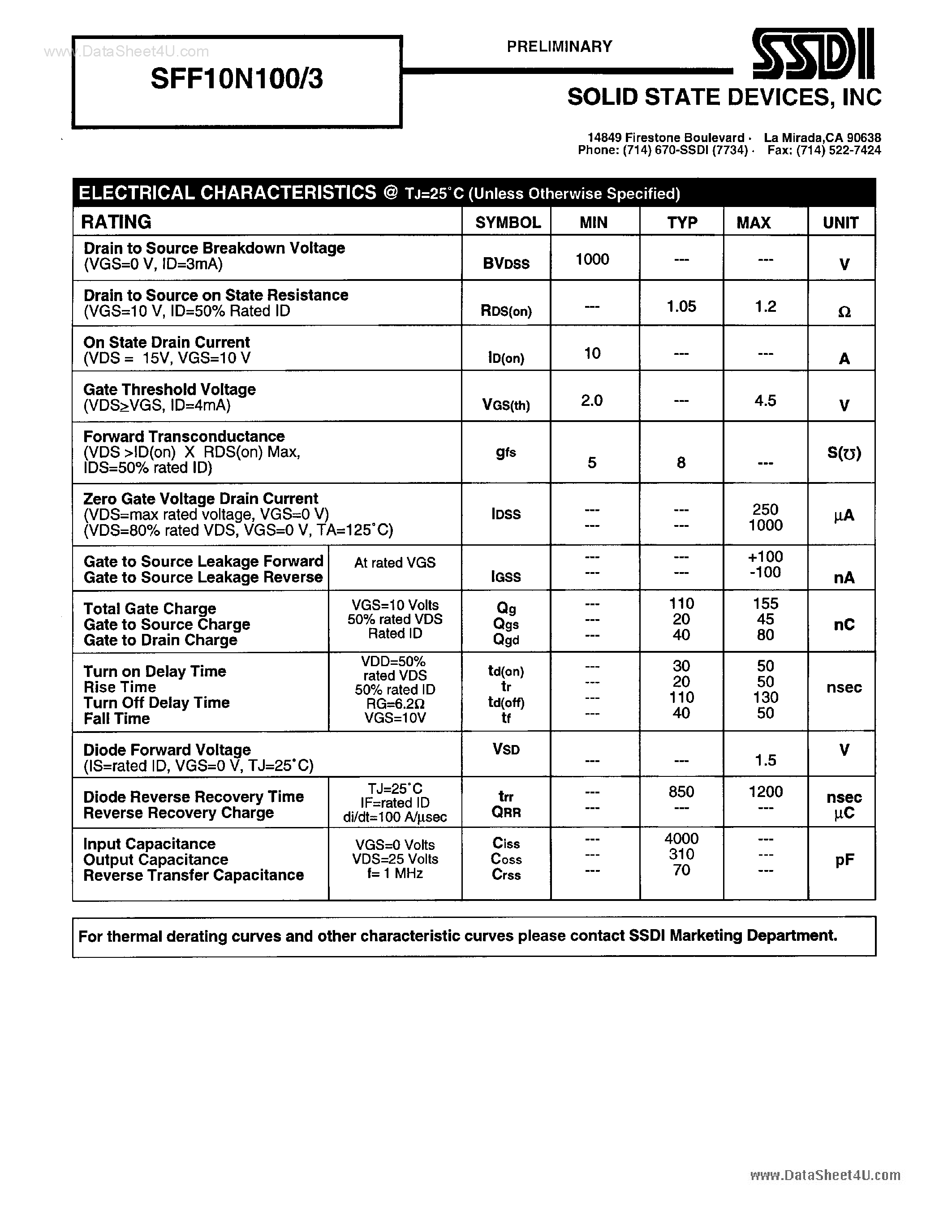 Datasheet SFF10N100/3 page 2 Datasheet SFF10N100/3 - N-Channel Power MOSFET page 2