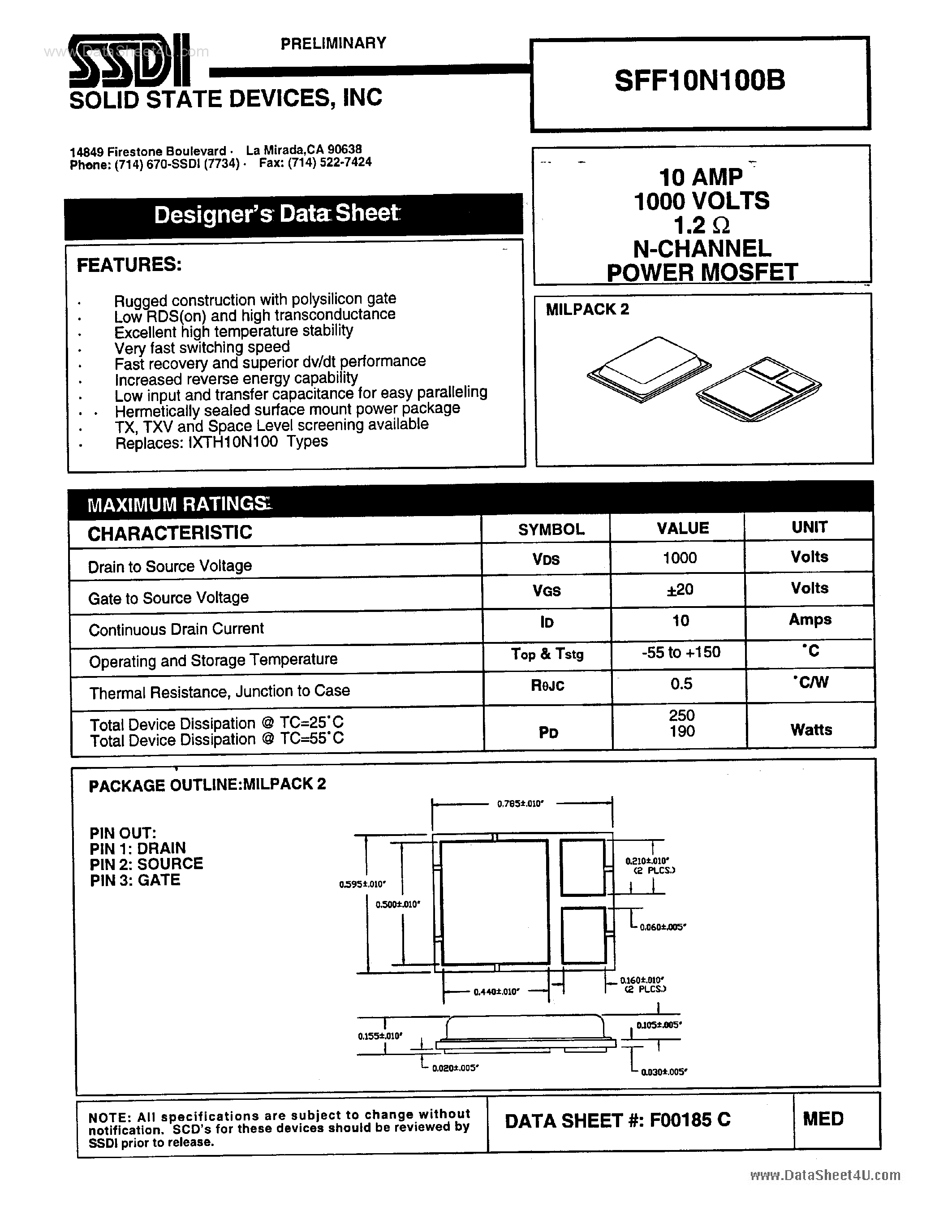 Datasheet SFF10N100B page 1 Datasheet SFF10N100B - N-Channel Power MOSFET page 1