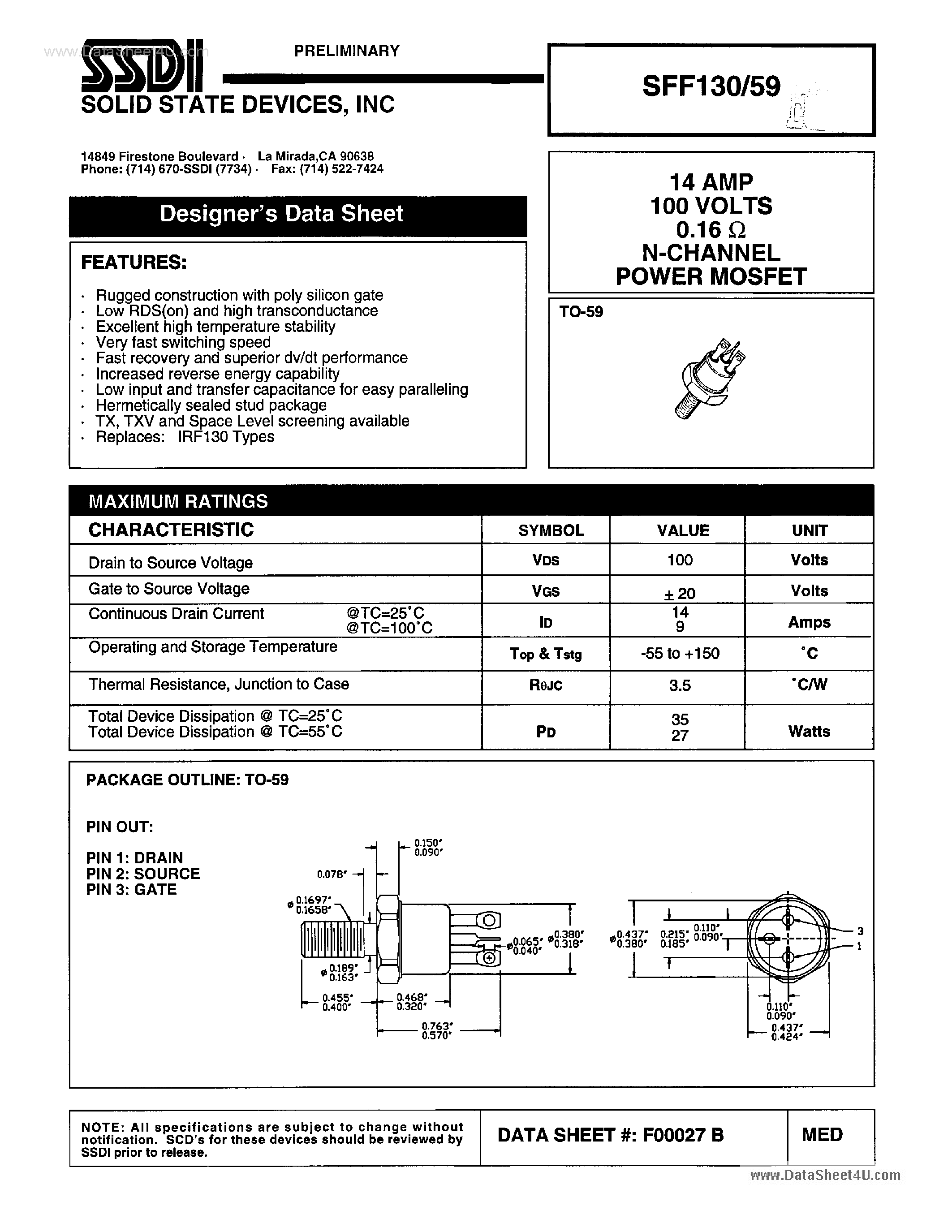 Datasheet SFF130/59 - N-Channel Power MOSFET page 1