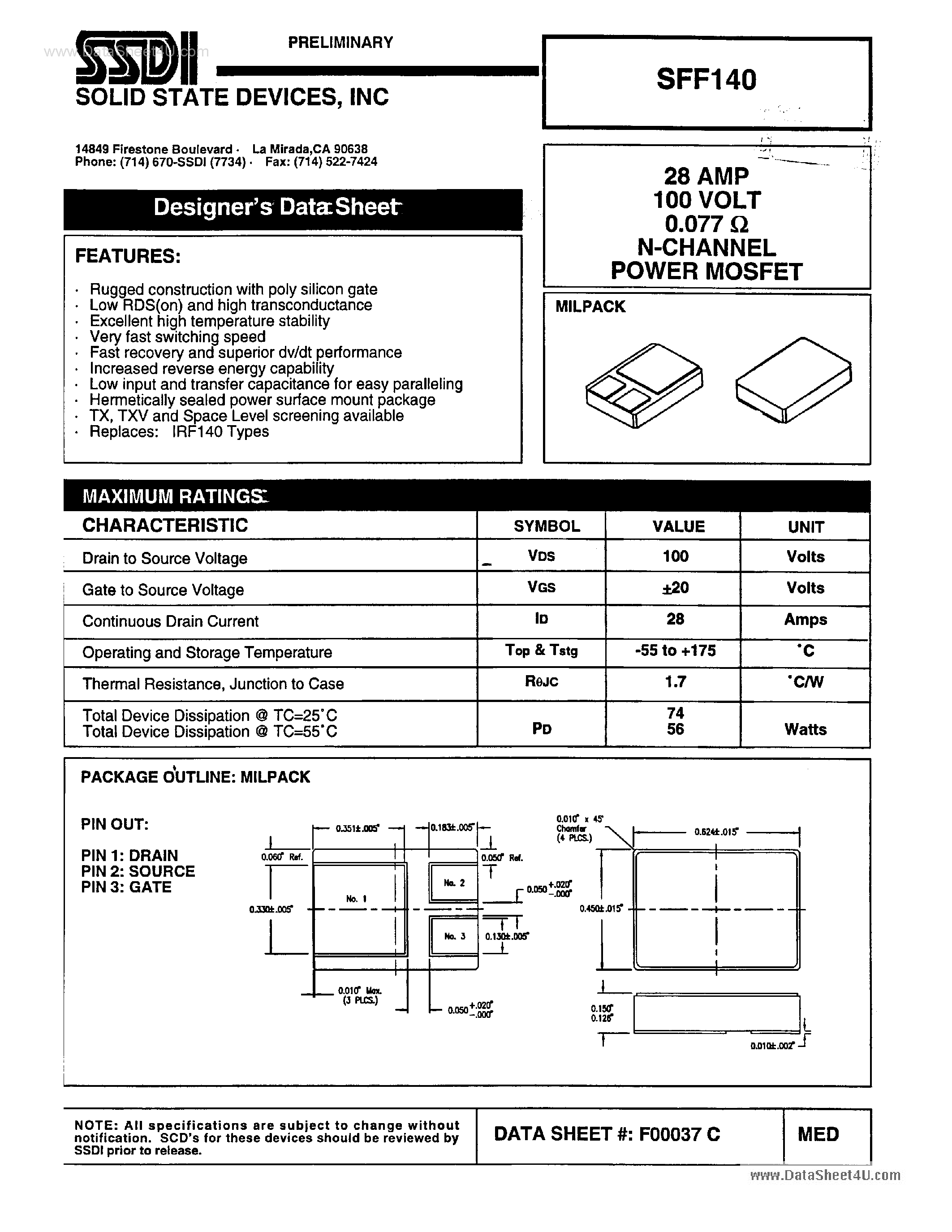 Даташит на микросхему SFF140 страница 1 Даташит SFF140 - N-Channel Power MOSFET страница 1