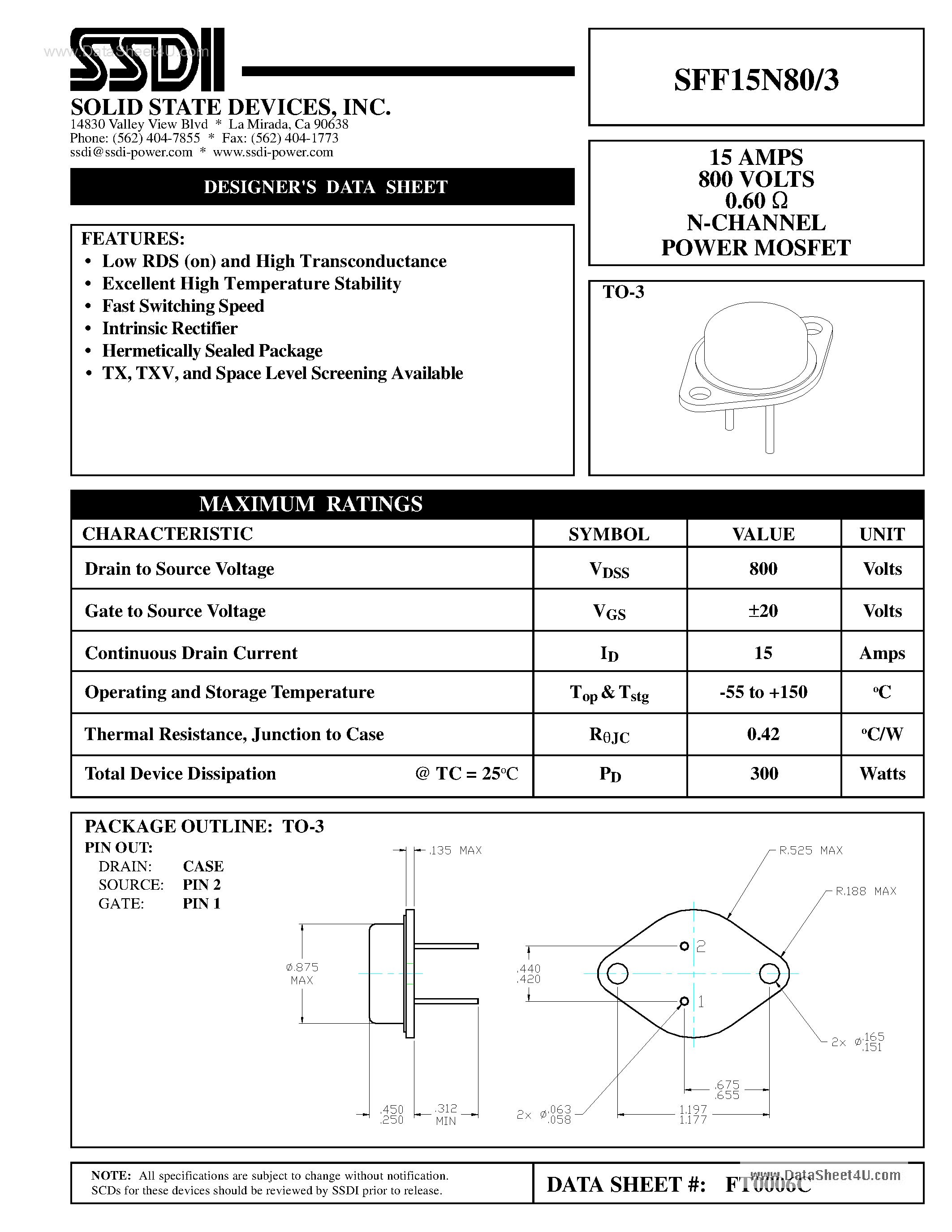 Datasheet SFF15N80/3 - N-Channel Power MOSFET page 1