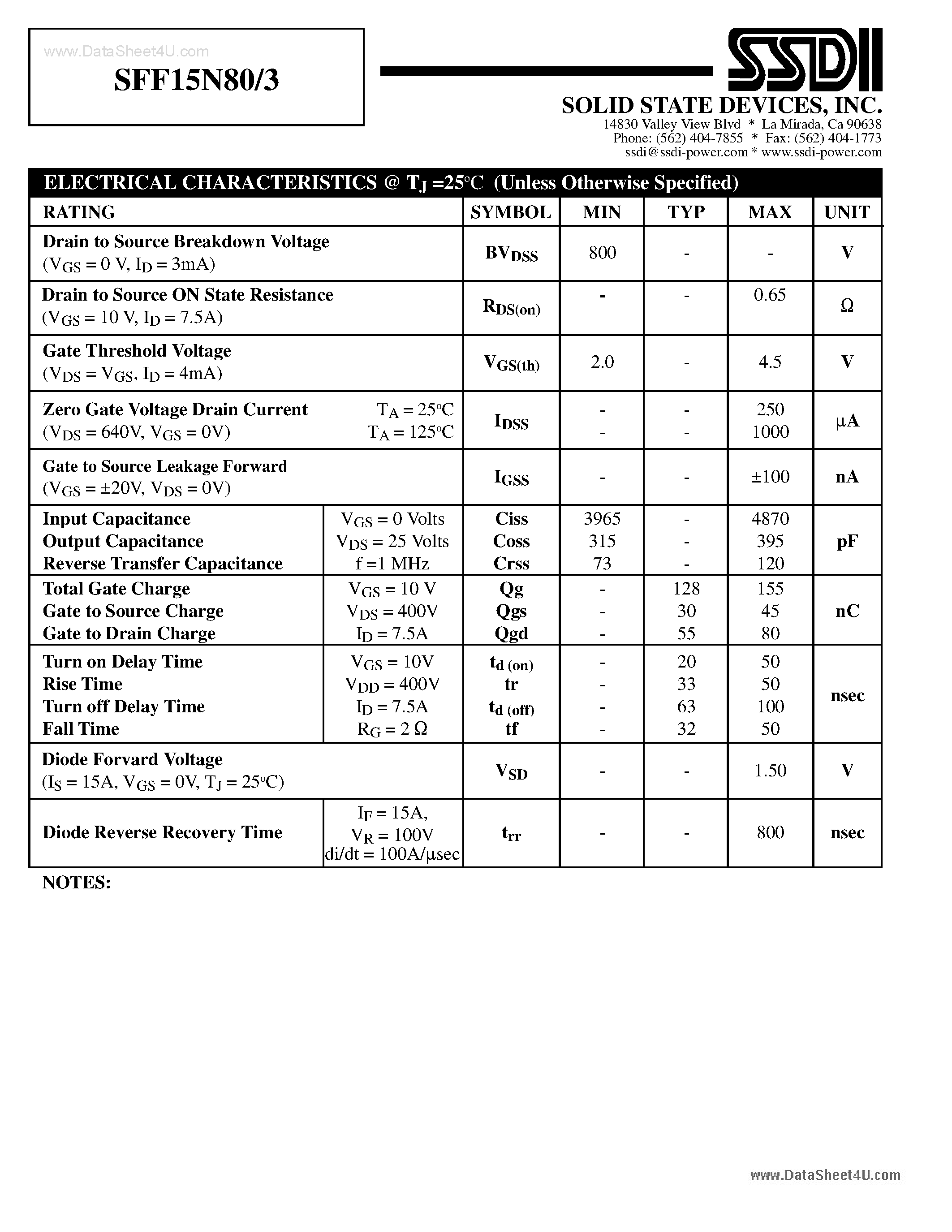 Datasheet SFF15N80/3 - N-Channel Power MOSFET page 2
