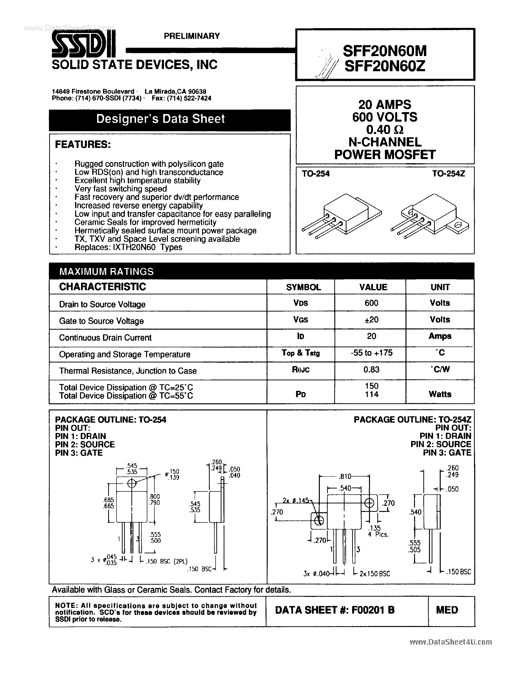 Даташит на микросхему SFF20N60M страница 1 Даташит SFF20N60M - N-Channel Power MOSFET страница 1